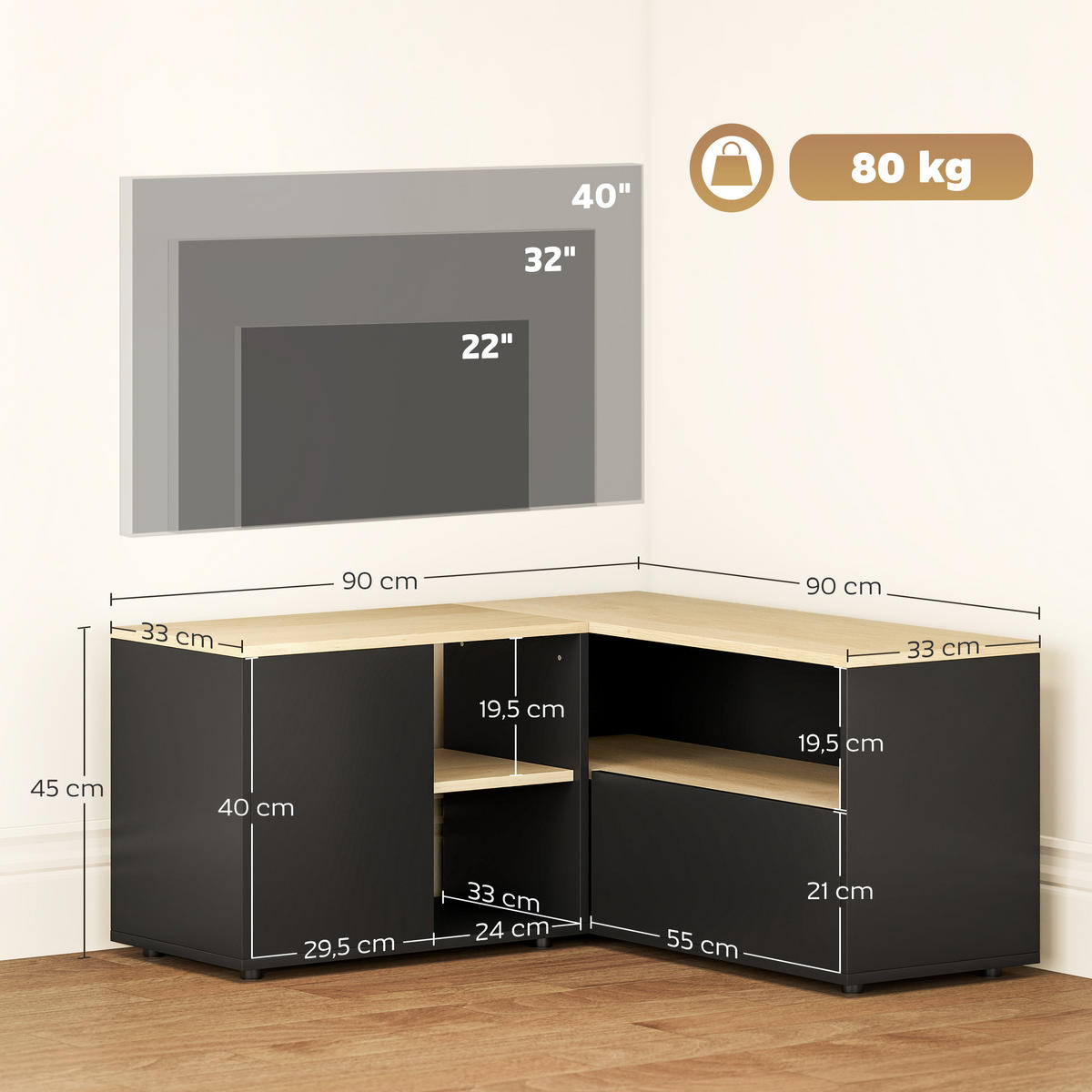 TV-MÖBEL Schwarz 1 Stück - Schwarz, Holzwerkstoff (90/45/90cm) - GiPP