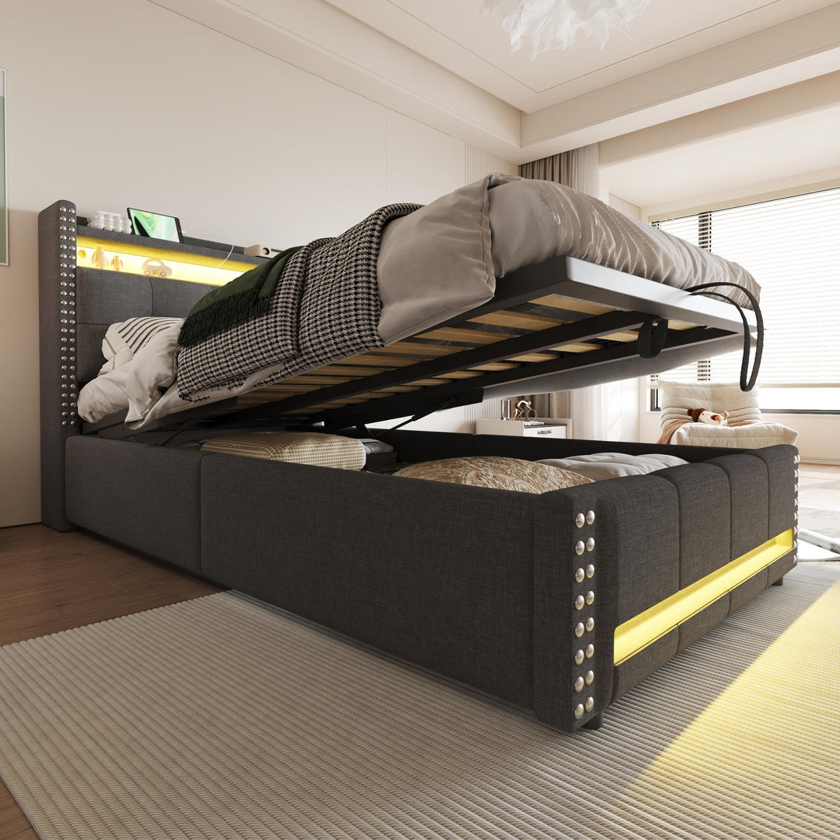 POLSTERBETT 90/200 cm grau mit LED-Beleuchtung und USB-Steckdose - Grau, Textil (90/200cm) - OKWISH