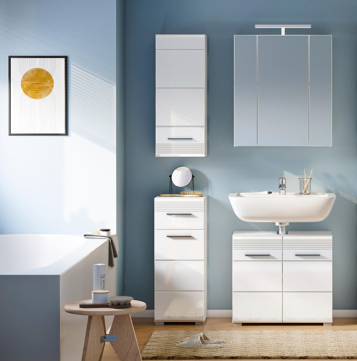 BADMÖBEL-SET weiß Hochglanz, 2-teilig 60 x 182 cm, Badkombination mit Spiegelschrank - Weiß Hochglanz, Glas/Holzwerkstoff (60/182/34cm) - Inn.Furn