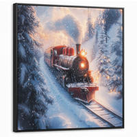 LEINWAND Bilder mit Rahmen - Weihnachtszug - Schnee - Winter - Weihnachten - 90x90 - Dunkelrot, Textil (90/90cm) - MuchoWow