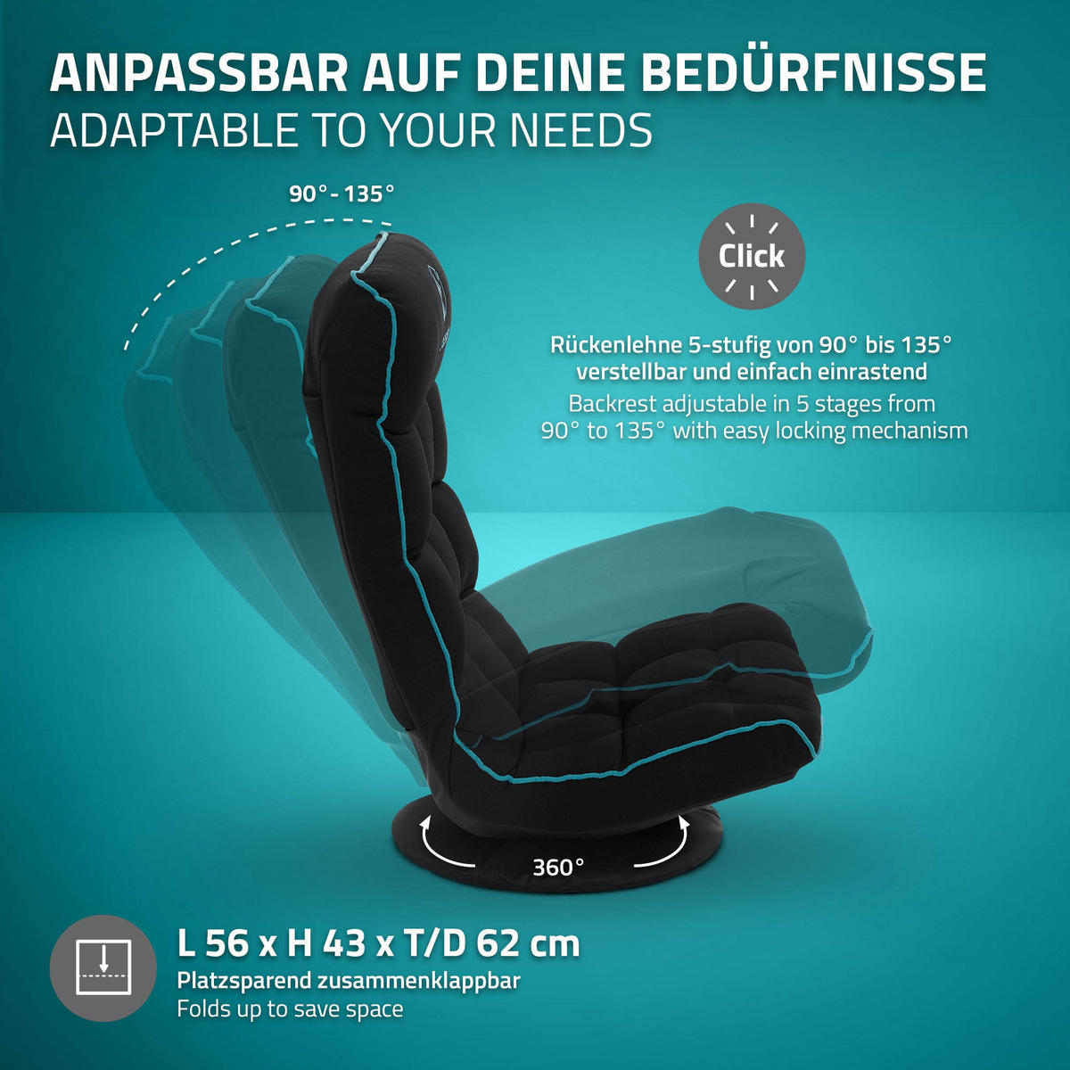 GAMINGOVÁ ŽIDLE NA PODLAHU Černá-tyrkysová látkový potah 360° otočná a nastavitelná - černá/tyrkysová, textil (56/85/92cm) - ML-DESIGN