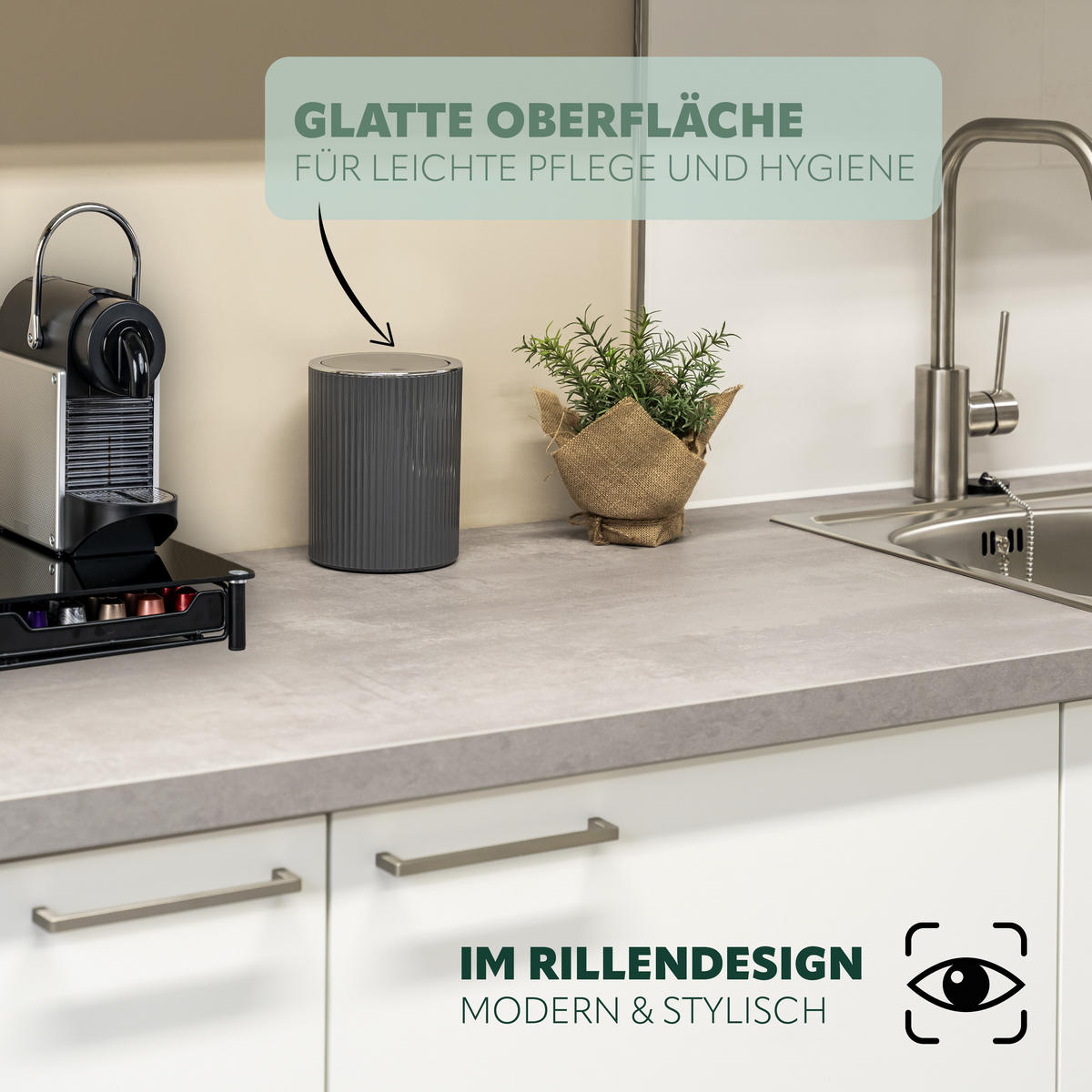 MINI-KOSMETIKEIMER 1,5 Liter, GAVELLO grau, Kunststoff - Grau, Kunststoff (12.5/16.3/12.5cm) - bremermann