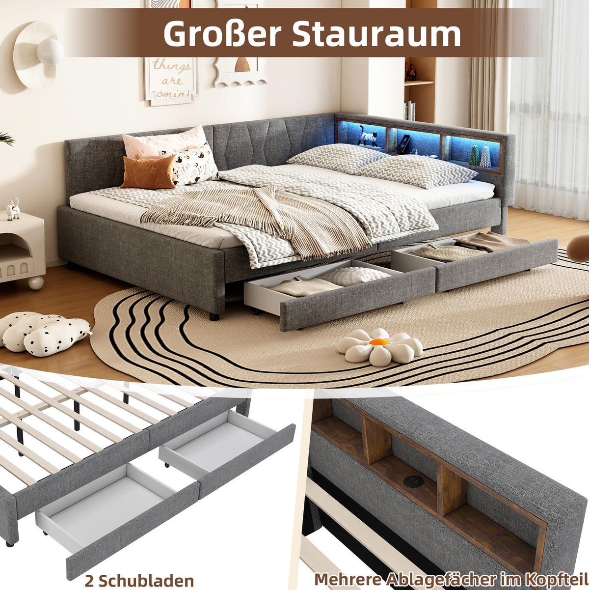 POLSTERBETT 140/200 cm Grau aus Leinen mit LED-Beleuchtung und Stauraum - Grau, Textil (140/200cm) - OKMYHOME