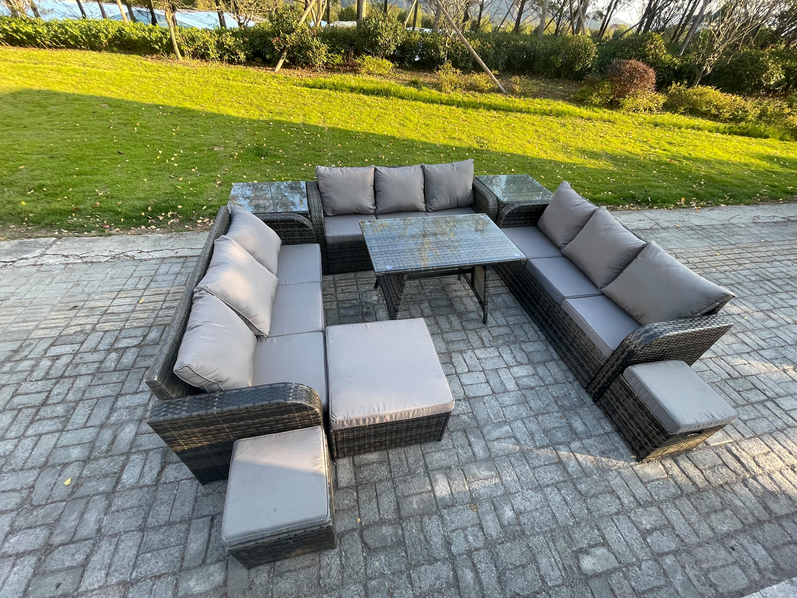 GARTENMÖBELSET mit ESSTISCH, 3-SITZER SOFA Polyrattan 12-Sitzer - Dunkelgrau/Grau, Glas/Kunststoff - Fimous