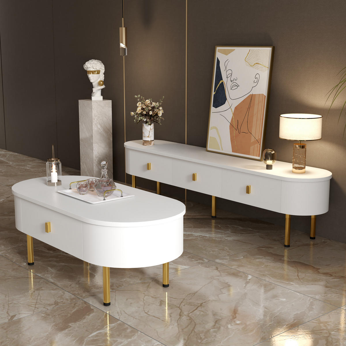 TV-SCHRANK und Couchtisch Kombination 174/50/40 cm weiß MDF mit goldenen Griffen - Weiß, Holzwerkstoff (174/41/35cm) - OKWISH