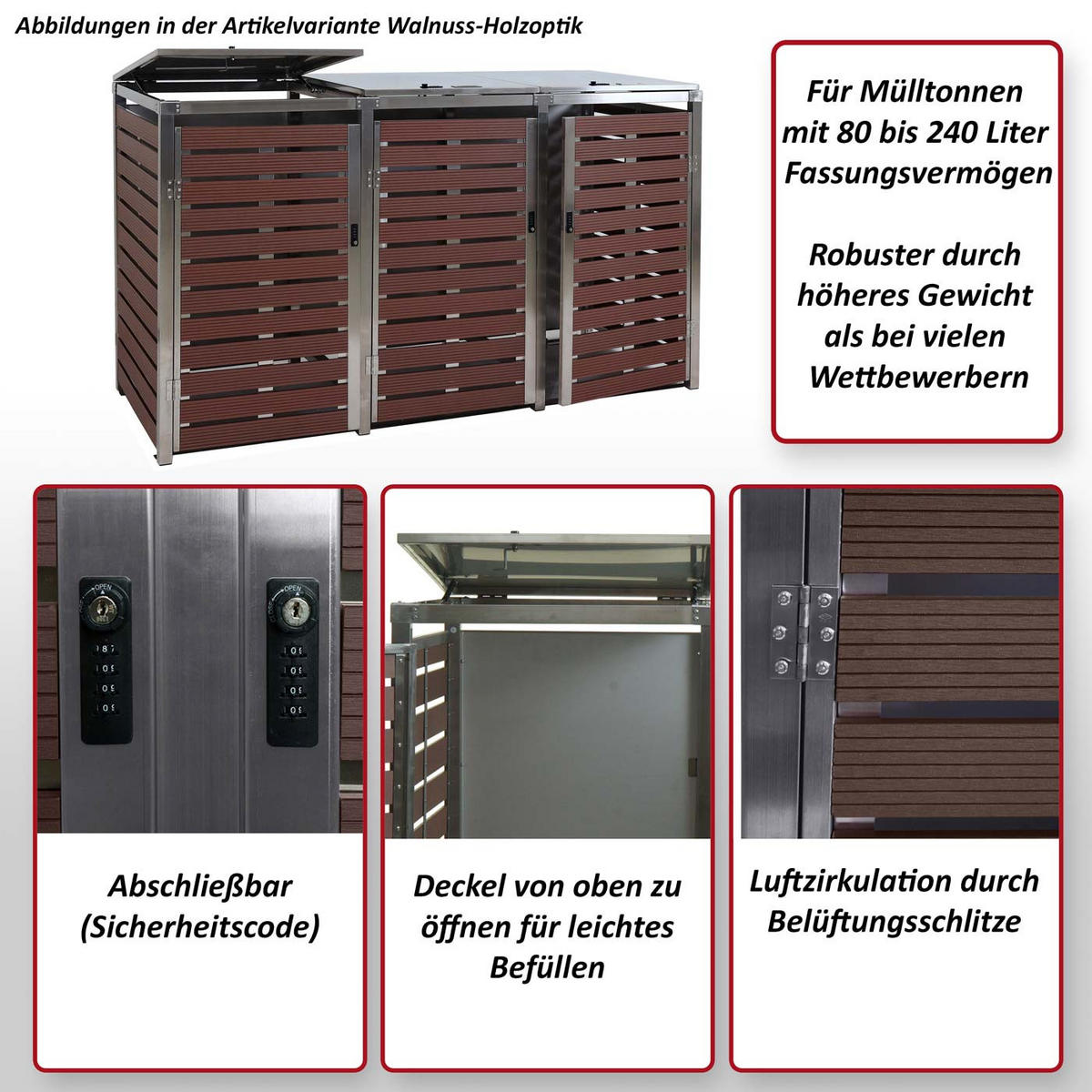 MÜLLTONNENVERKLEIDUNG 3ER Walnuss Dekor - Walnussfarben, Metall (200/120/85cm) - MCW