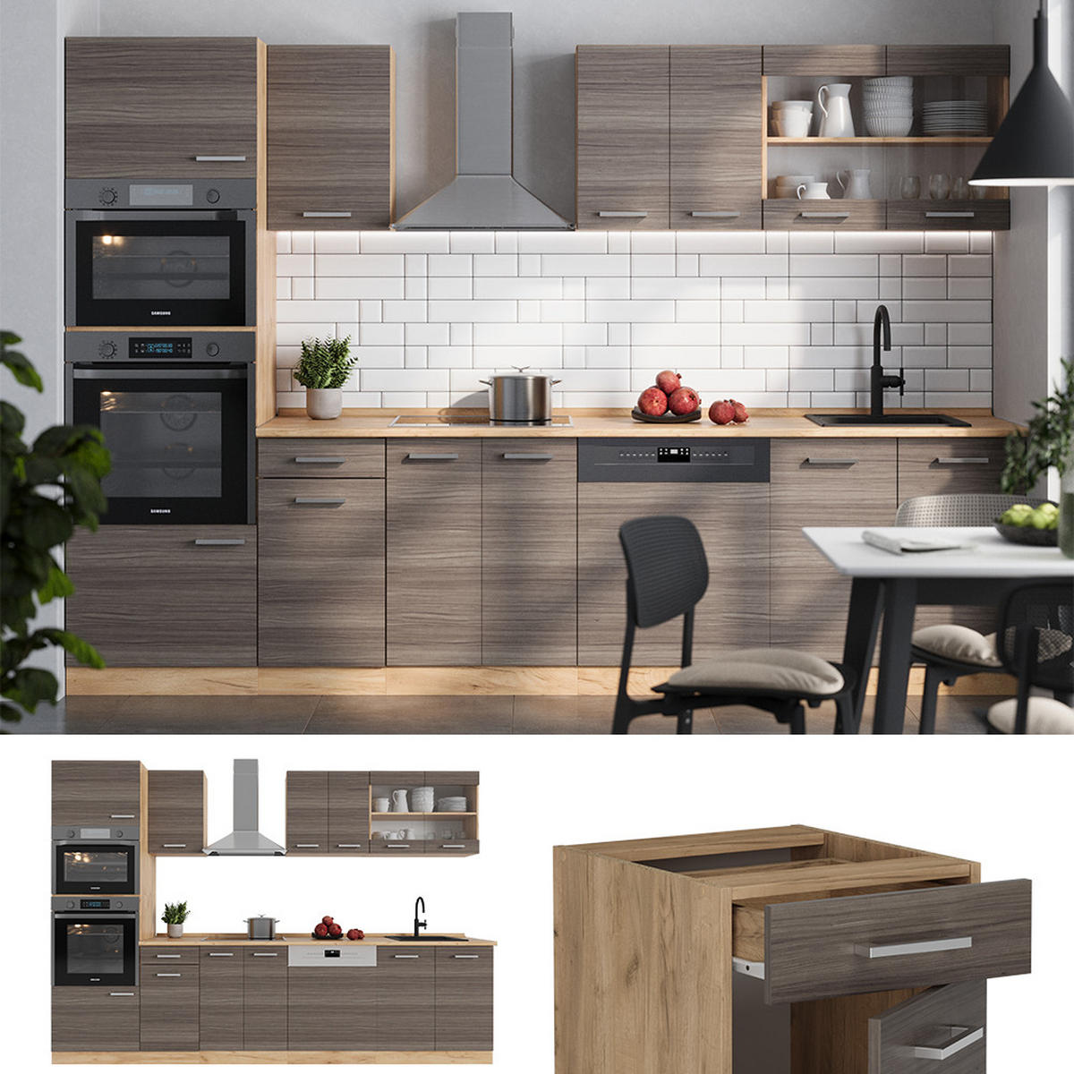 KÜCHENZEILE R-Line Edelgrau/Goldkraft Eiche 300 cm mit Hochschrank, ohne Arbeitsplatte - Honigeiche/Braun, Holzwerkstoff (300/81.6/46cm) - Vicco