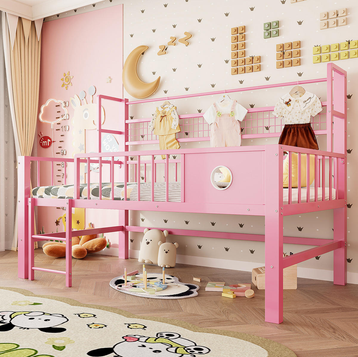 KINDEREINZELBETTEN aus Metall 90x200 cm in Rosa mit Sicherheitsgitter & Stauraum - Rosa, Metall (90/200cm) - Modfu