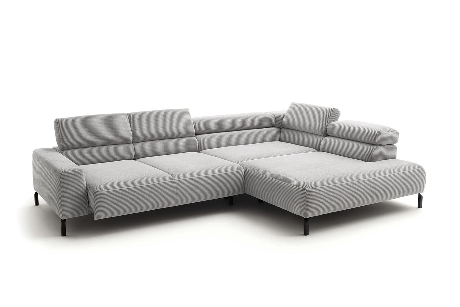 ECKSOFA DELIA Hellgrau Cord Relaxfunktion - Hellgrau/Schwarz, Textil/Metall (276/219cm) - KAWOLA