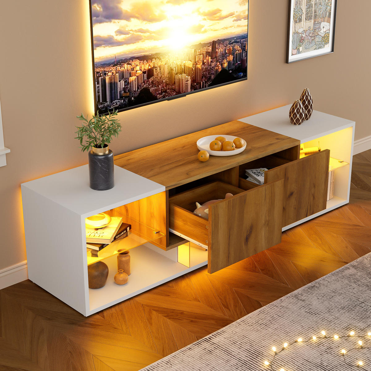 TV ormarić 160/40/42 cm antikno bijeli i prirodna boja hrasta od iverice s LED rasvjetom - svijetlo smeđa, drvni materijal (160/42/40cm) - OKWISH