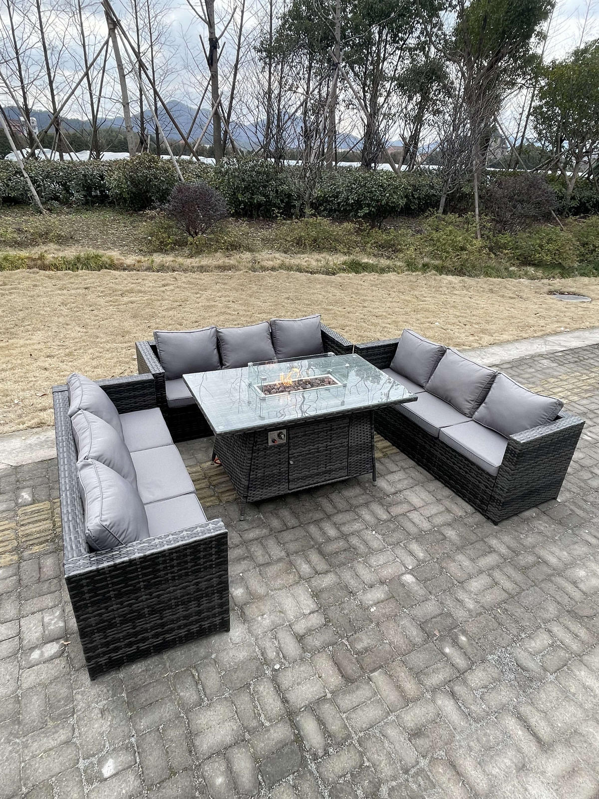 GARTENMÖBEL SET Polyrattan 4-Sitzer - Dunkelgrau/Grau, Glas/Kunststoff - Fimous