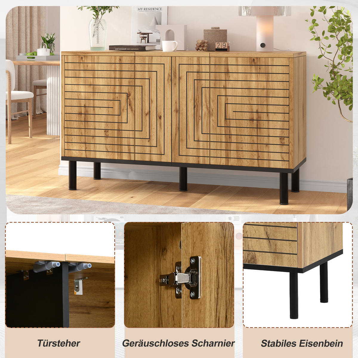 SIDEBOARD in Naturfarben mit 3 Türen für Esszimmer und Wohnzimmer, B120/T35/H68 cm - Schwarz/Naturfarben, Holzwerkstoff (120/68/35cm) - STILVORA