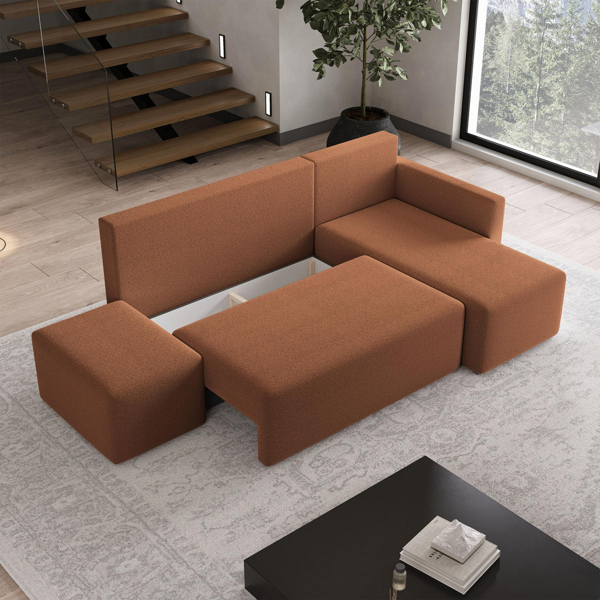 ECKSOFA VELOTTI R-S Kupferfarben Boucle-Stoff mit Schlaffunktion - Kupferfarben, Holz (261/143cm) - MASSENO