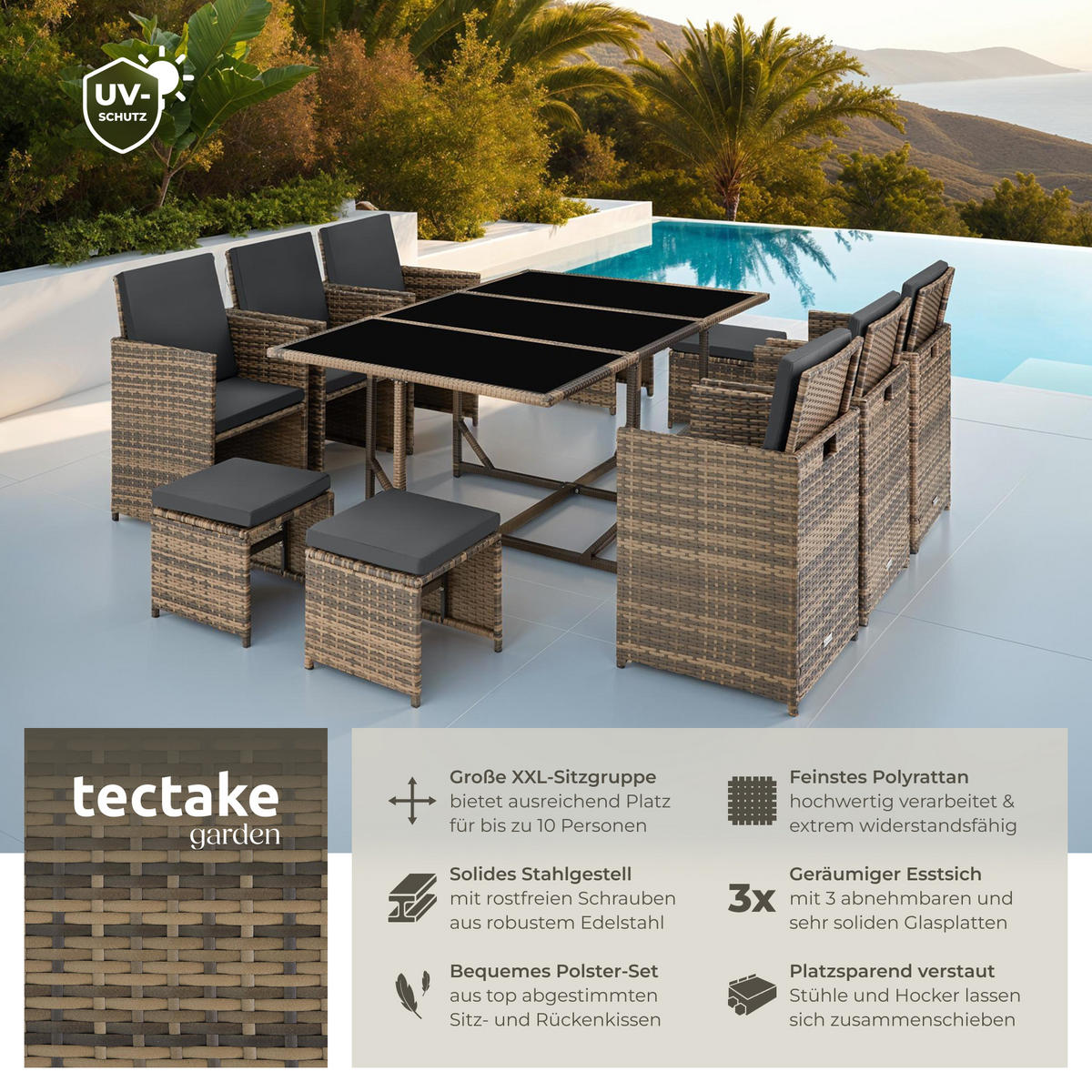 RATTAN SITZGRUPPE Malaga,zusammenschiebbar, inklusive Schutzhülle,natur - Naturfarben, Kunststoff - tectake
