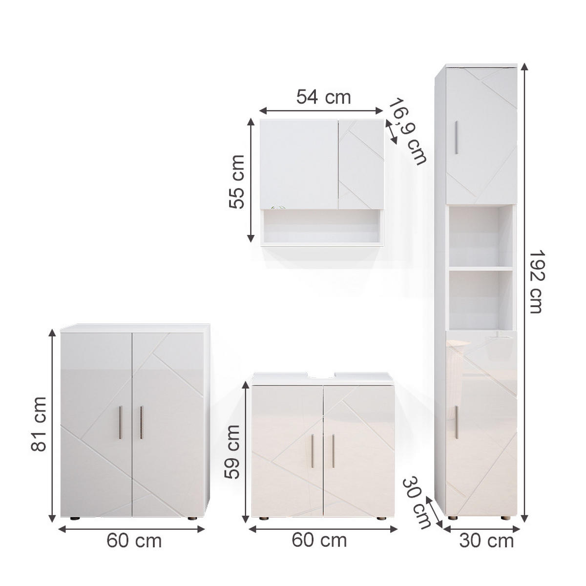 BADMÖBEL-SET Irma Weiß Hochglanz 4 Teile, mit Hochschrank und Kommode - Weiß Hochglanz/Weiß, Holzwerkstoff (80/58.6/41cm) - Vicco