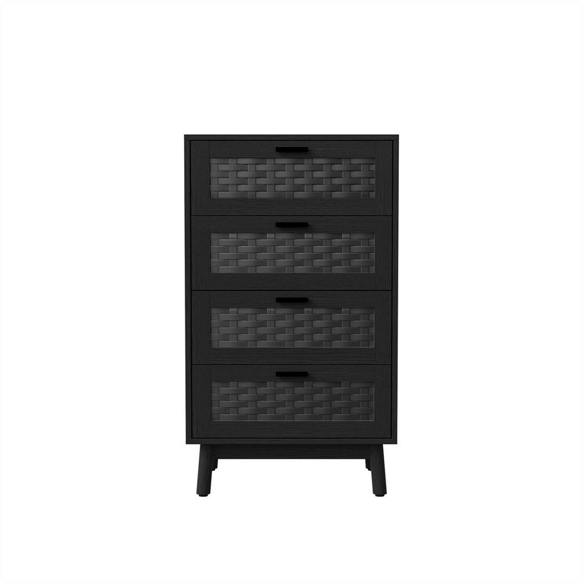 KOMMODE mit 4 Schubladen - pflegeleichtes PVC-Geflecht und zylindrische Beine - Schwarz - Schwarz, Holzwerkstoff (39.8/95/55cm) - DELFA