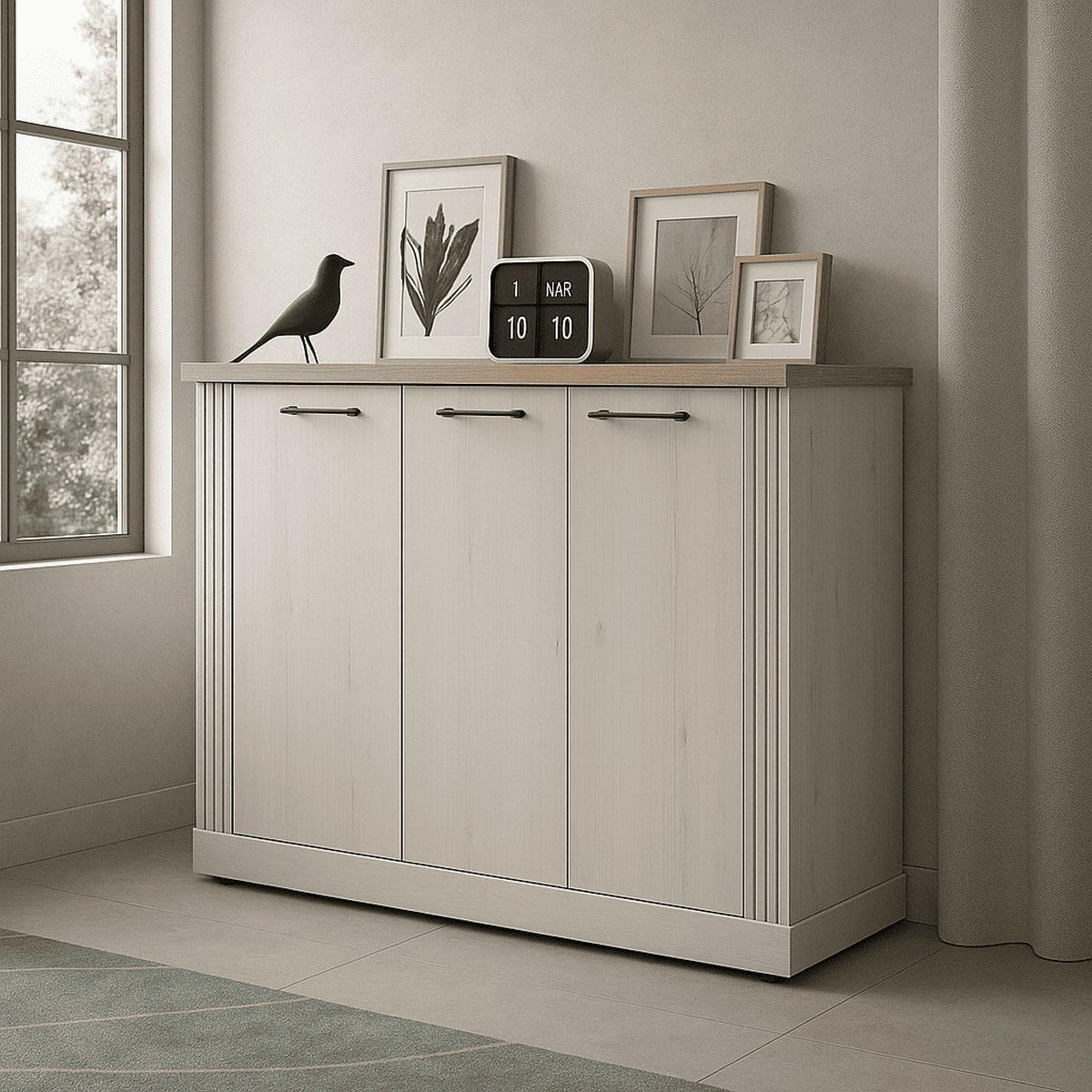 SIDEBOARD mit 3 türen, dekor eiche cadiz und meringue-weiß - country 164/44/88 cm - Weiß, Holzwerkstoff (44/88/164cm) - Calicosy
