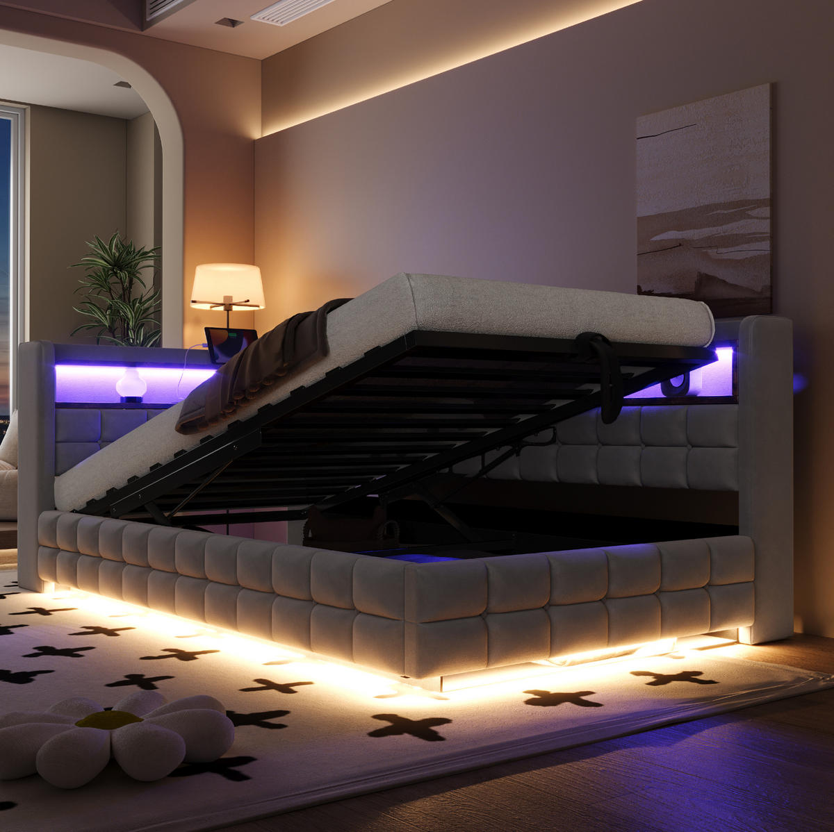 SCHLAFSOFA 90/200 cm mit hydraulischem Stauraum, Holzregalen, LED, Steckdose, USB und Typ-C, Samt, Hellgrau - Hellgrau, Textil (90/200cm) - Redom