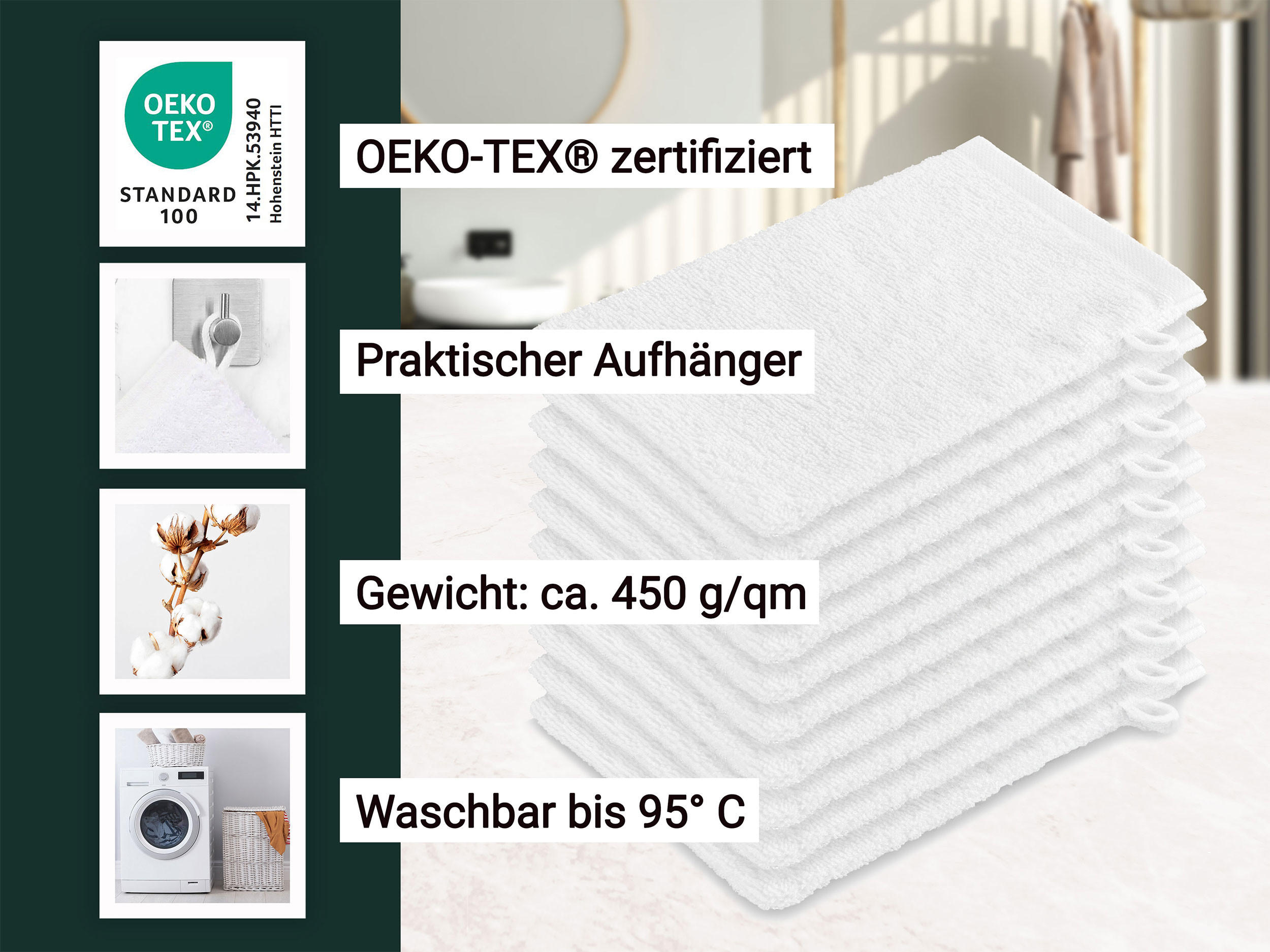 WASCHHANDSCHUH, 10er-Set, 16x21 cm, 100% Baumwolle, Weiß - Weiß, Textil (16/21cm) - Zollner