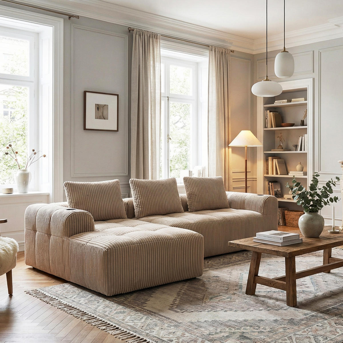 ECKSOFA 3-Sitzer mit Getränkehalter, Seitentaschen & 3 Kissen - Taupe, Textil (253/158cm) - Urban Meuble