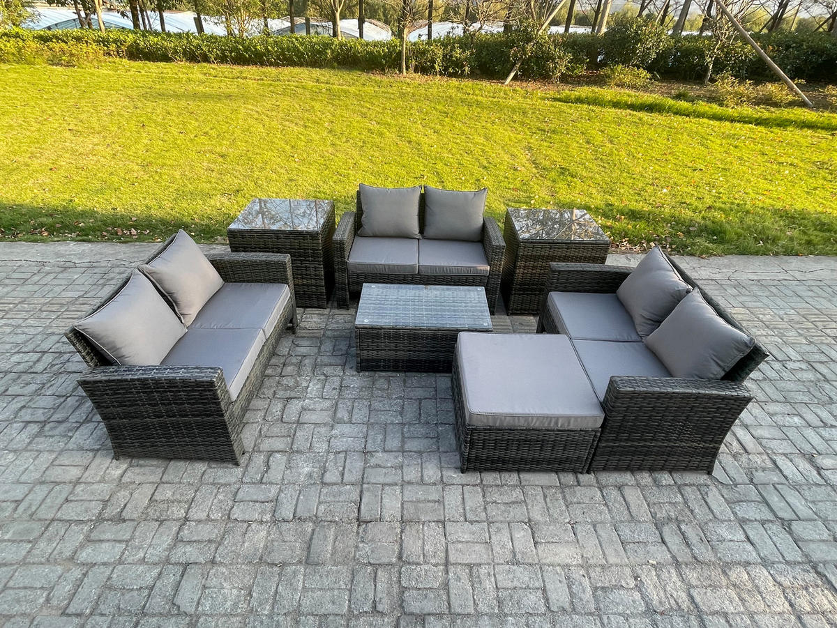 GARTENSOFA Hohe Rückenlehne Polyrattan Dunkelgrau 7-Sitzer - Dunkelgrau, Metall - Fimous