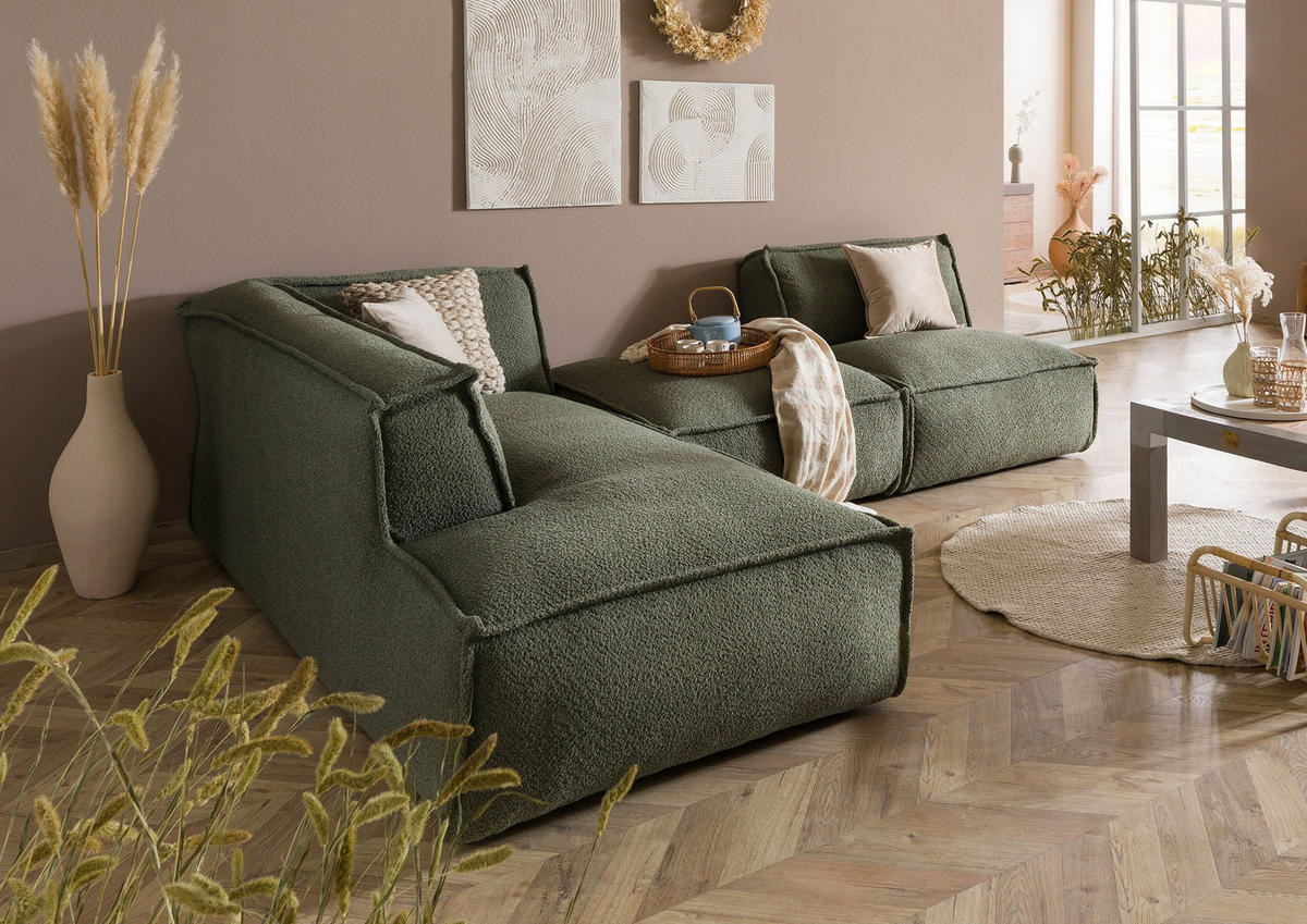 ECKSOFA inkl. Hocker 195x220x79 Polyester grün RAVENNA - Grün, Kunststoff (195/220cm) - Massivmoebel24