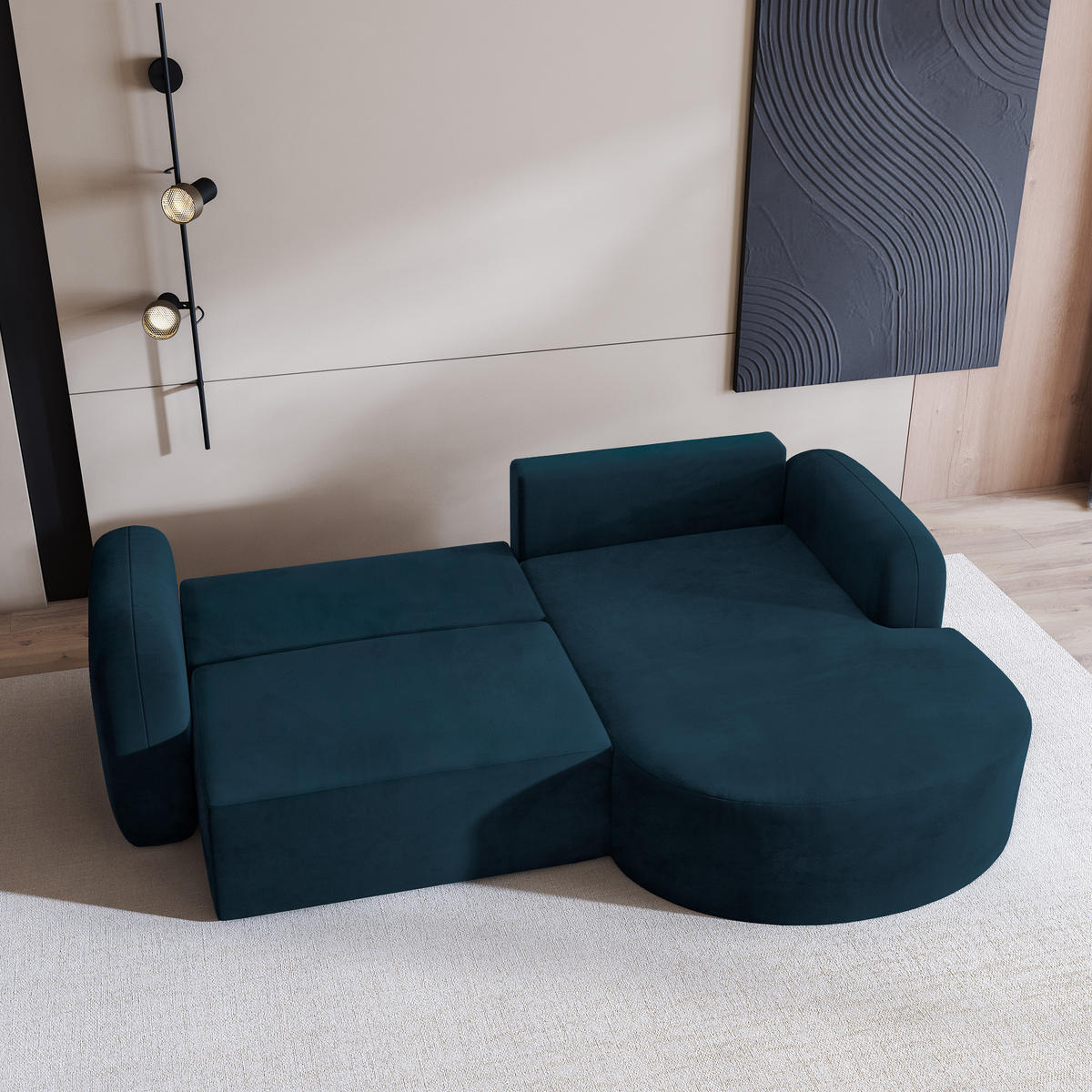 ECKSOFA AMILIA M R-S Blau Velours-Stoff mit Schlaffunktion - Blau, Holz (263/174cm) - MASSENO