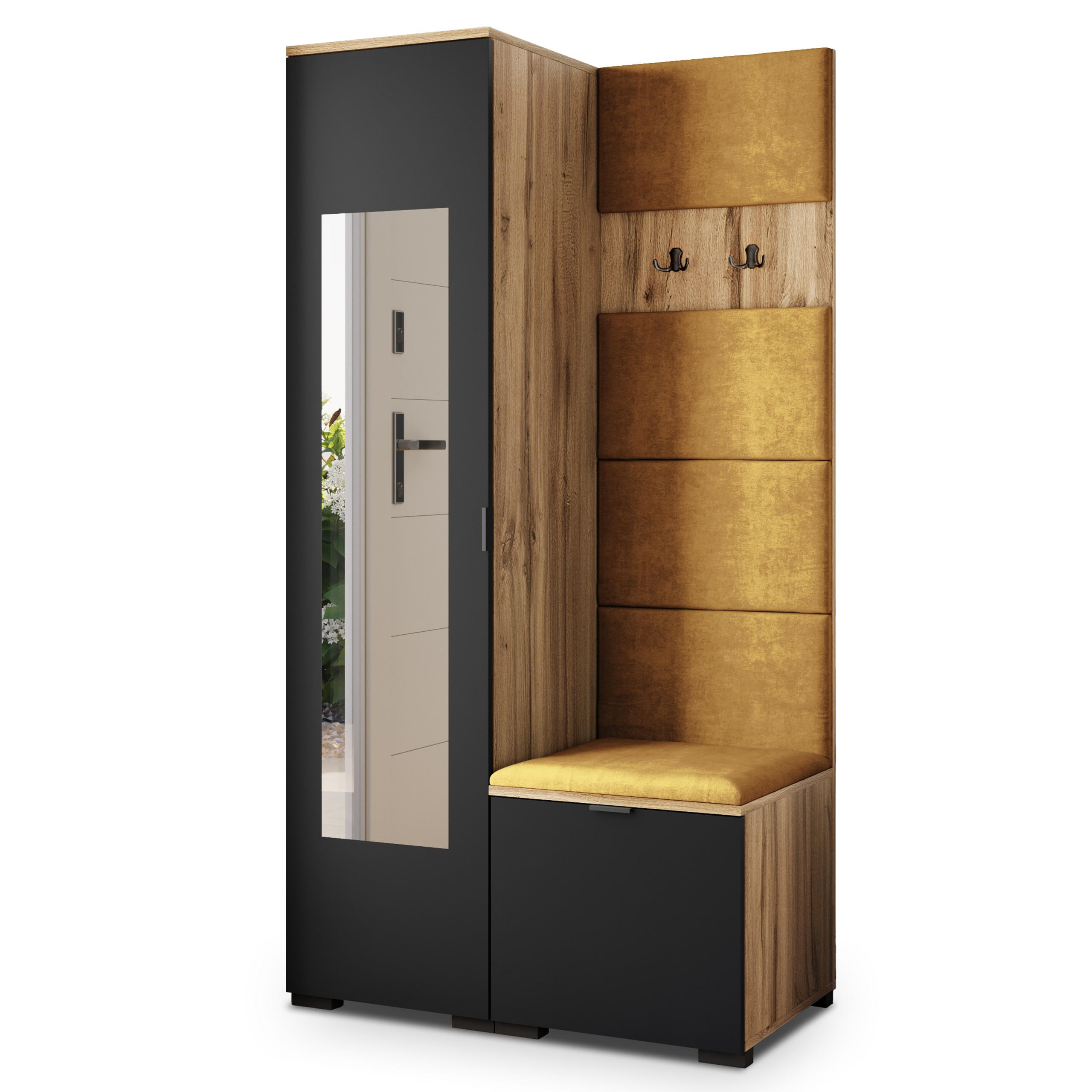 Masseno Garderobenschrank Eiche Wotan, Schwarz, Gelb 95x181x51 cm