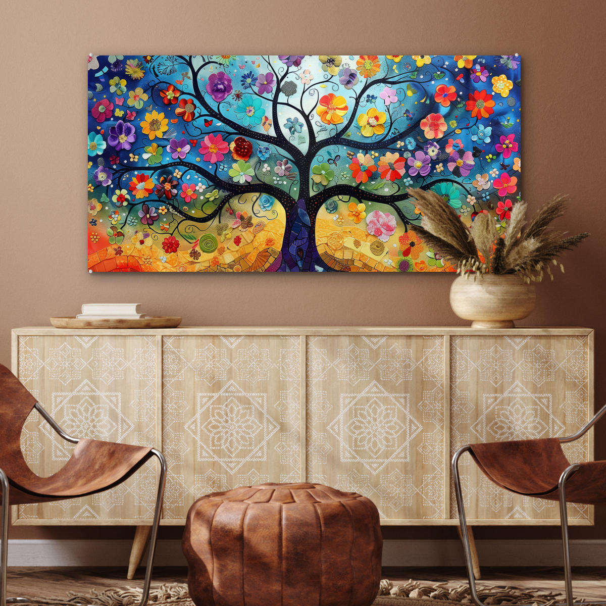 OBRAZ NA AKRYLOVOM SKLE Umenie - Strom života - Kvety - Hippie 120x60 cm - tmavomodrá, sklo (120/60cm) - MuchoWow