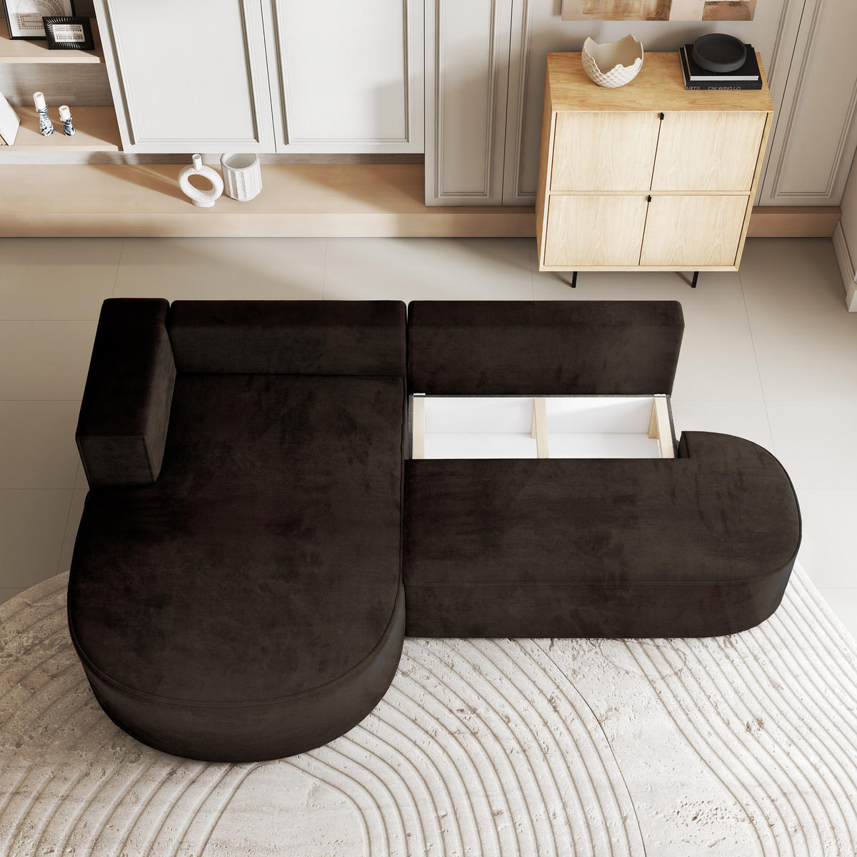 ECKSOFA CORTIO M L-S Braun Velours-Stoff mit Schlaffunktion - Braun, Holz (265/174cm) - MASSENO