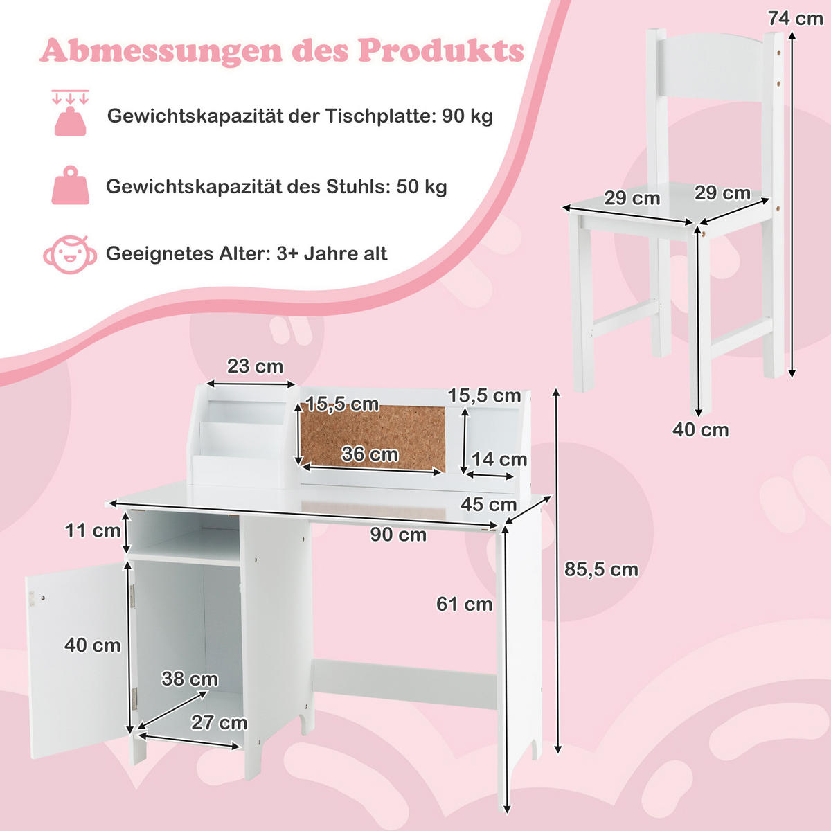 KINDERSCHREIBTISCH mit Stuhl weiß(2-tlg) - Weiß, Holzwerkstoff (90/85.5/45cm) - COSTWAY