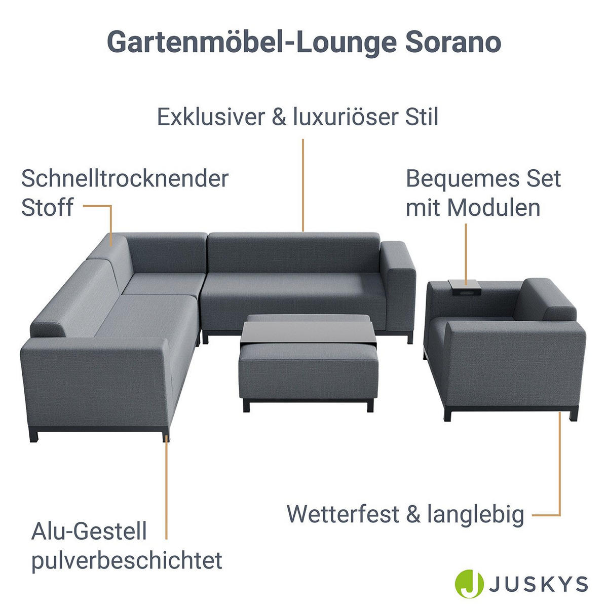 LOUNGEGARNITUR Sorano anthrazit inkl. Tabletts - Anthrazit, Metall - Juskys