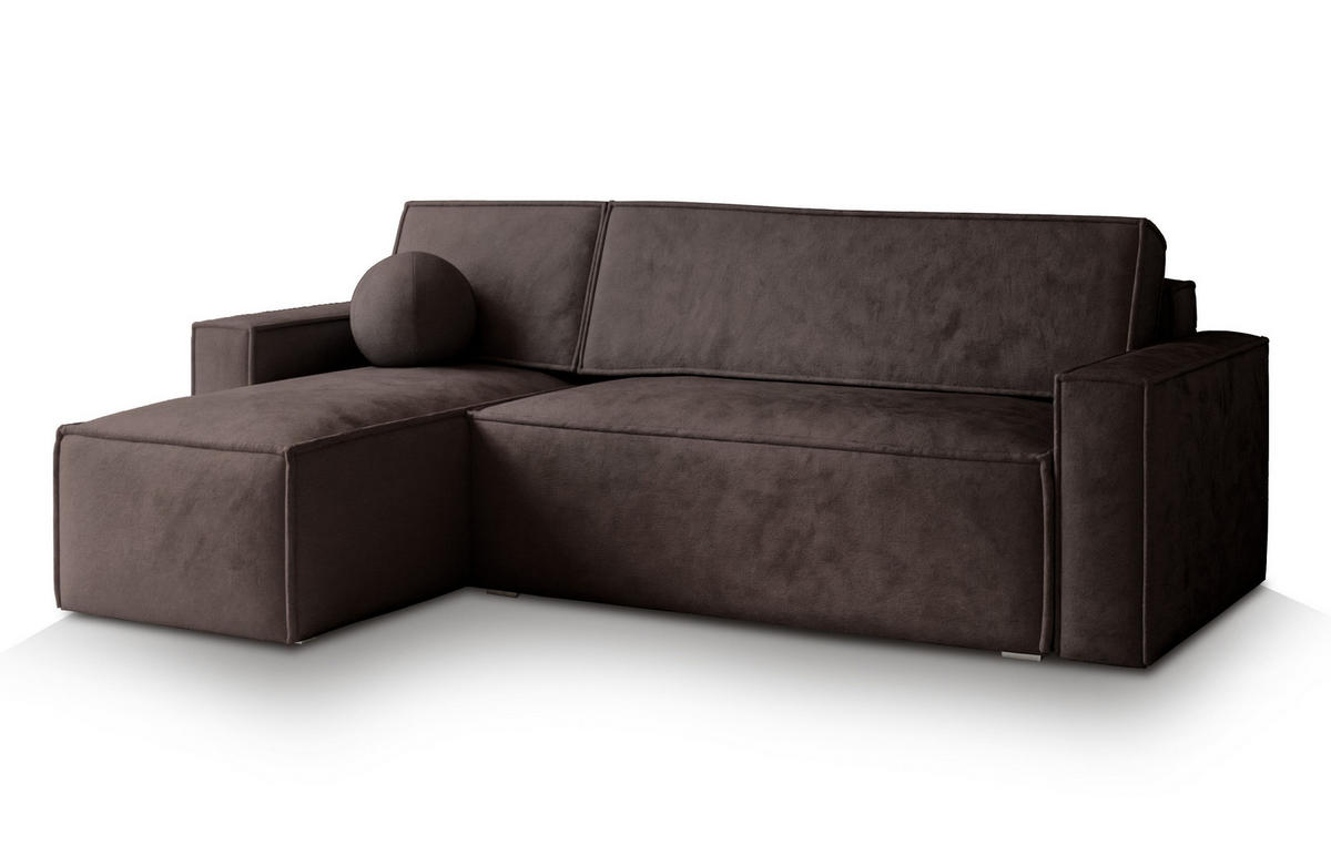 ECKSOFA RAVELO M Braun Velours-Stoff mit Schlaffunktion - Braun, Holz (240/140cm) - MASSENO