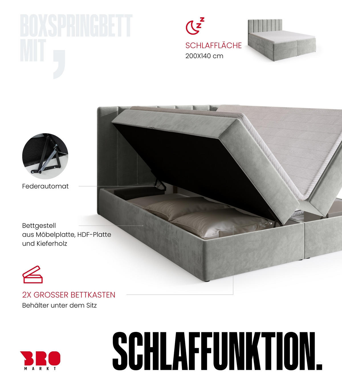 BOXBETT DENVER mit Topper 140x200 Grau - Grau, Textil (140/200cm) - Bromarkt