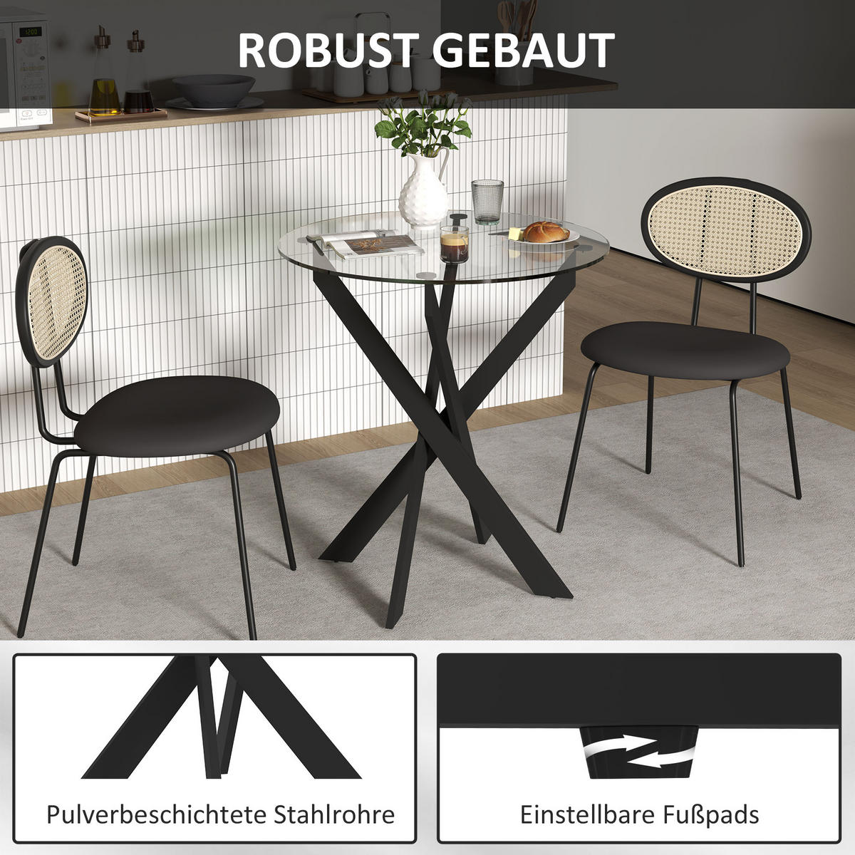 ESSTISCH, Rund Küchentisch für 4 Personen Esszimmertisch mit Stahlbeinen Schwarz - Schwarz, Glas/Metall (70/70/75cm) - HOMCOM