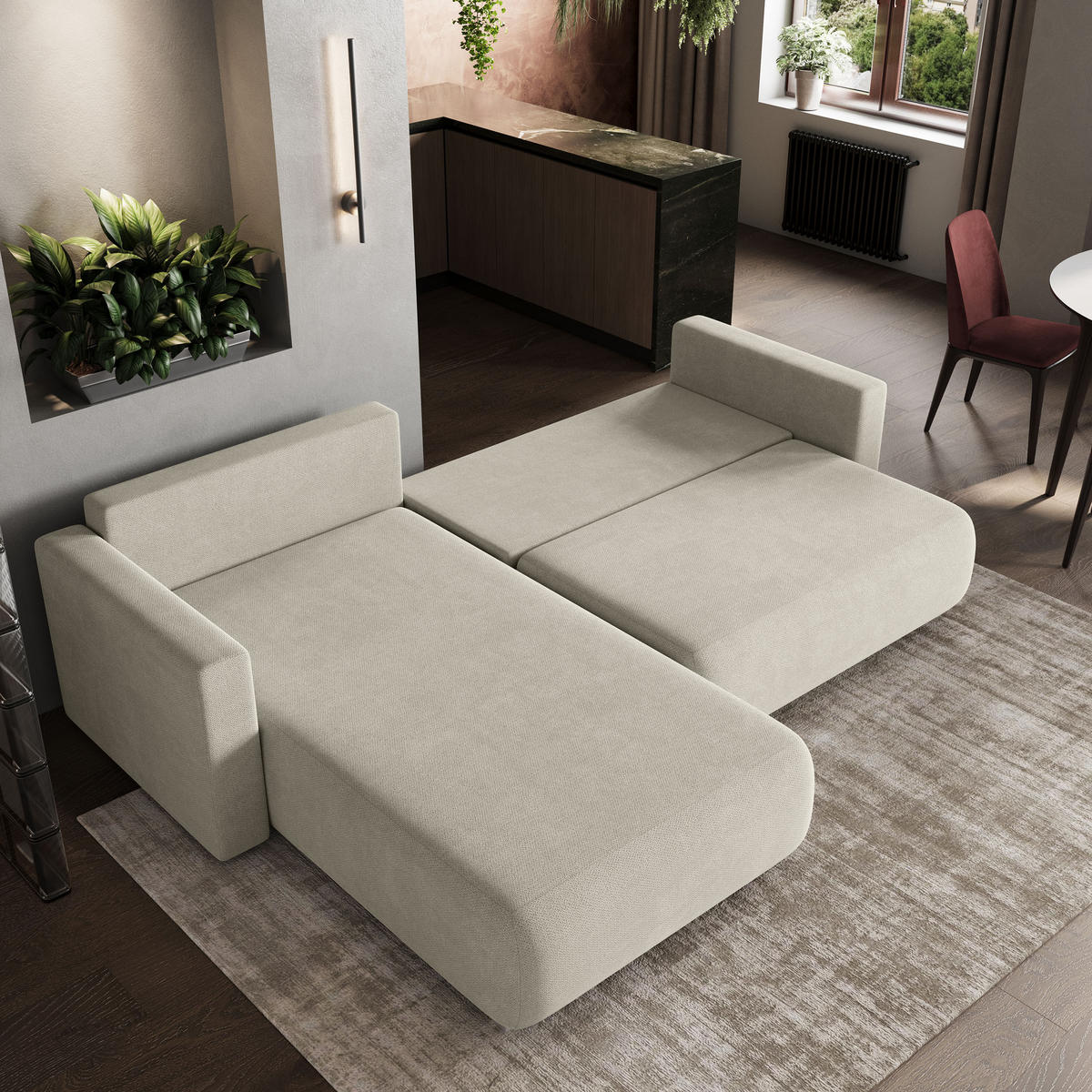 ECKSOFA TURIN Creme Geflochtener Stoff mit Schlaffunktion - Creme, Holz (265/183cm) - MASSENO