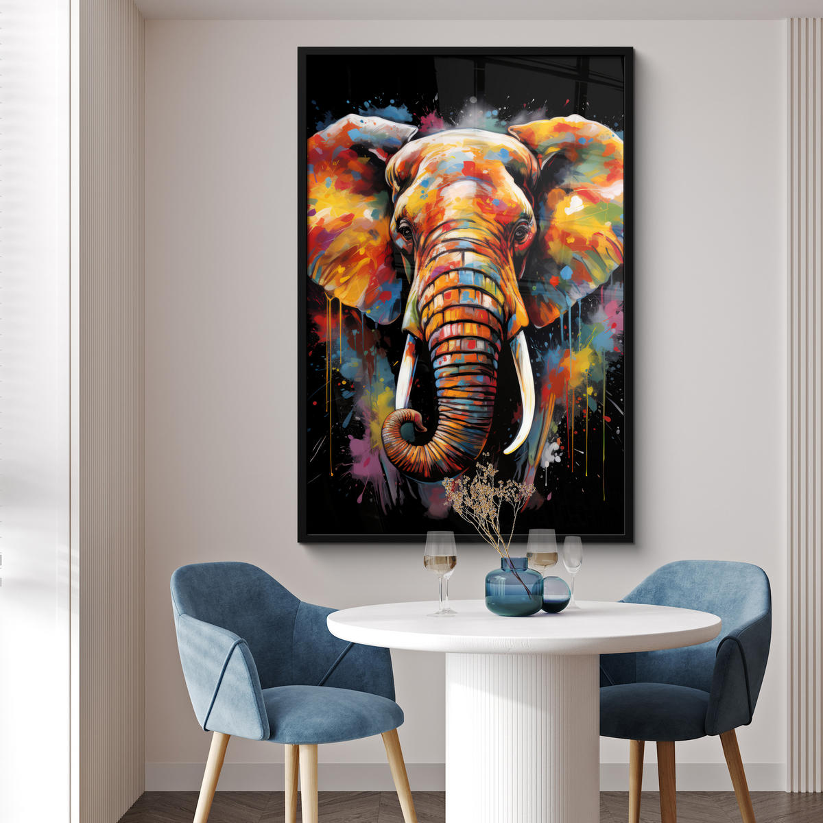 GERAHMTES BILD Elefant - Graffiti - Schwarz - Tiere - Farben 80x120 cm - Schwarz, Papier (80/120cm) - MuchoWow
