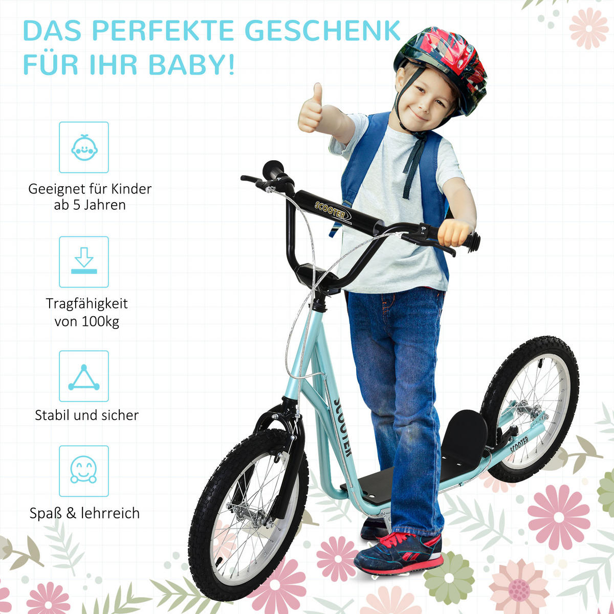 TRETROLLER Scooter Cityroller Kinder Luftreifen Roller verstellbar Alu Hellblau - Blau, Metall (139/58/96cm) - HOMCOM