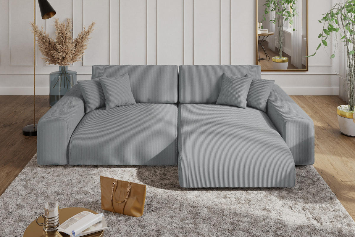 ECKSOFA mit Schlaffunktion, Bettkasten, Wellenunterfederung, seitenverkehrt montierbar B255/T165/H84 cm, Liegefl. 148x196 cm, Cord Hell-Grau / 21007 - Hellgrau/Schwarz, Kunststoff/Textil (255/165cm) - luma-home