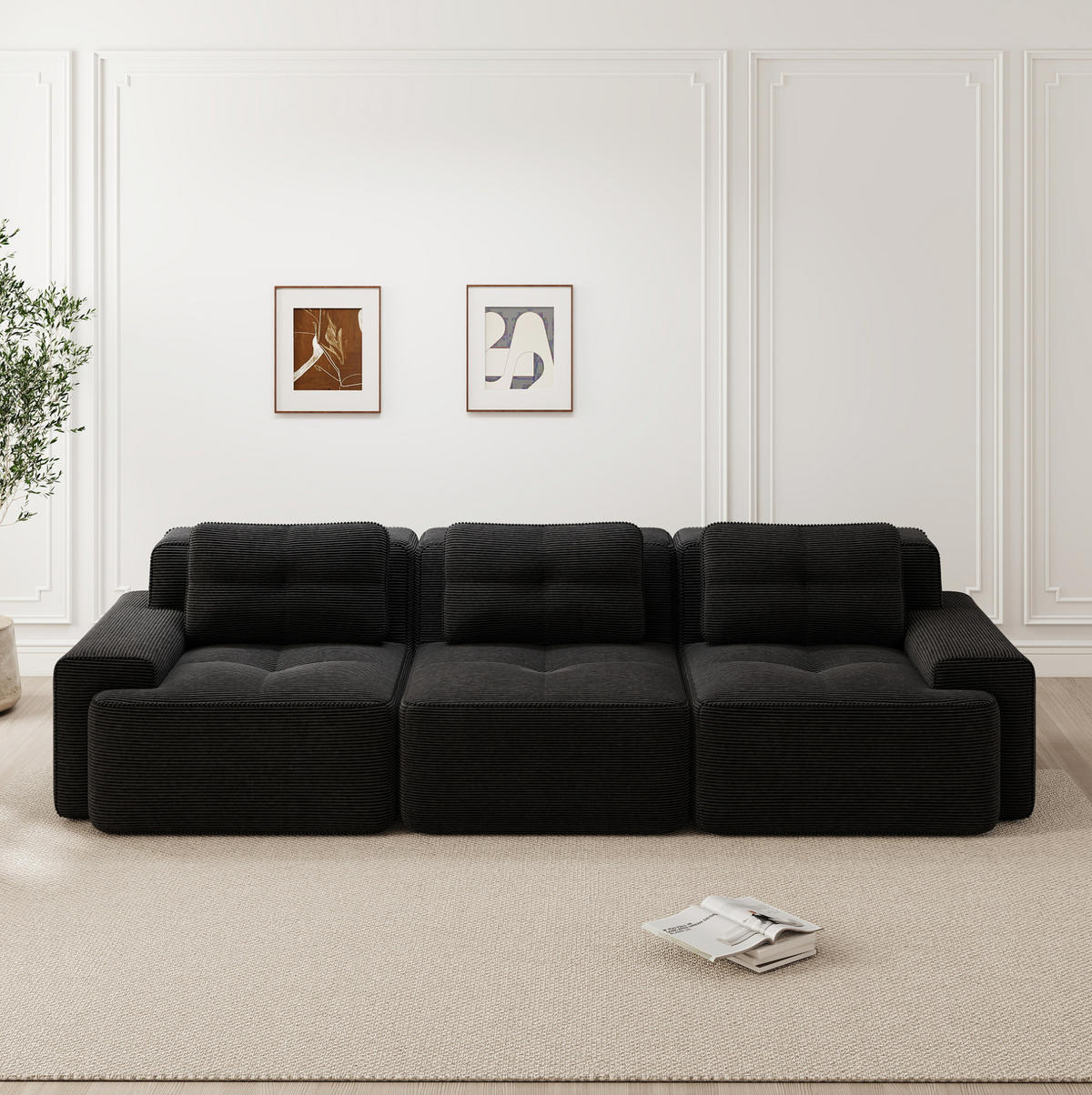 3-SITZER Sofa mit 74 cm Tiefsitz, boneless Design, cordbezogen und montagefrei, Schwarz - Schwarz, Textil (293/69/104cm) - Redom