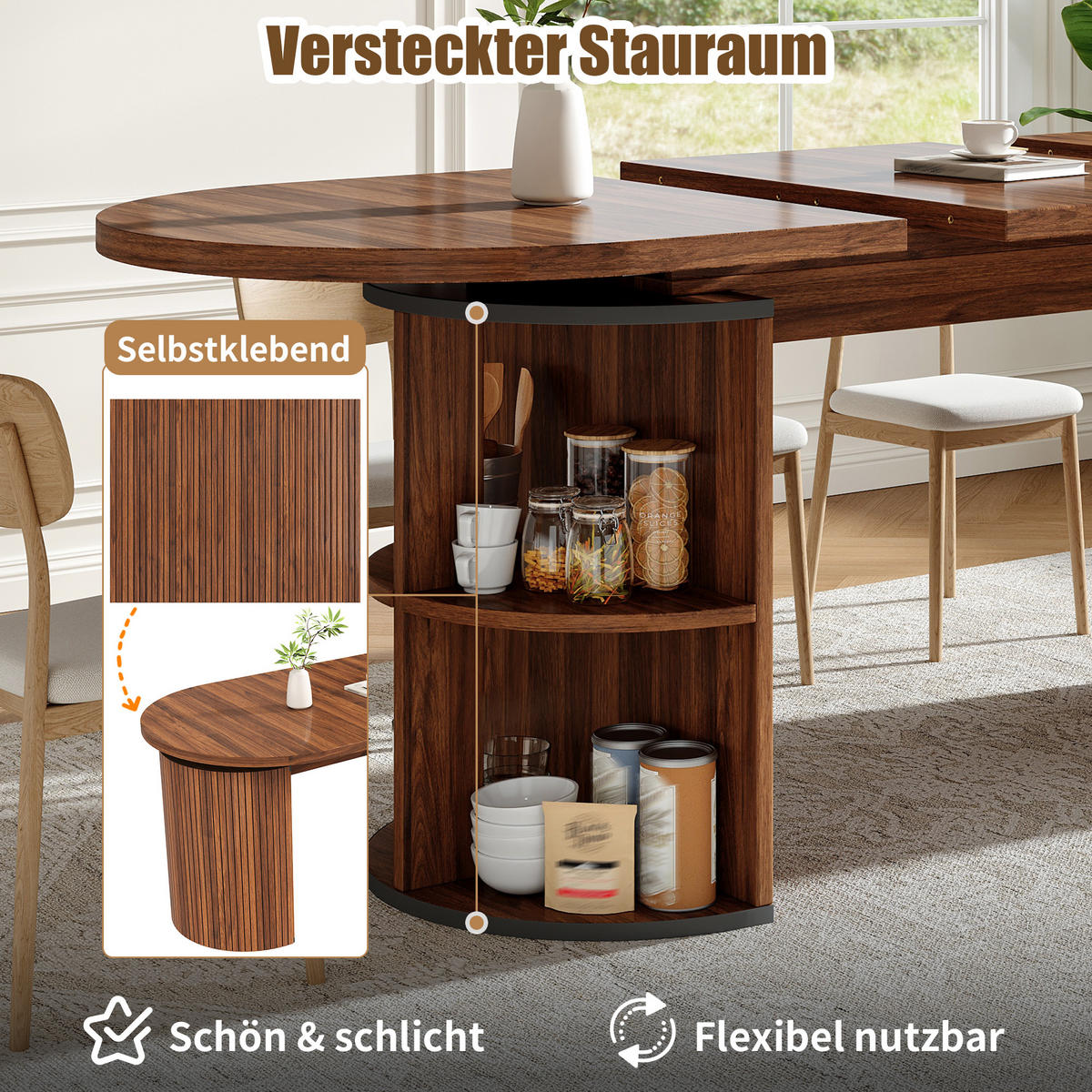 ESSTISCH in Natufarben Ausziehbarer Küchentisch mit verstecktem Stauraum, für Küche, Arbeitszimmer und Wohnzimmer - Dunkelbraun, Holzwerkstoff/Metall (160/80/76cm) - STILVORA