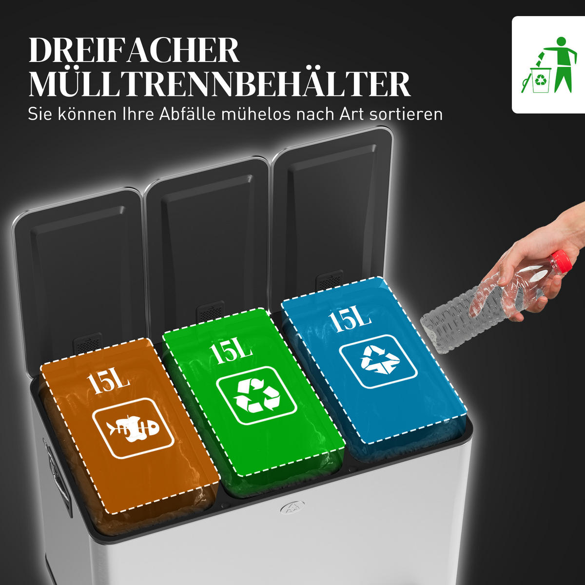 MÜLLEIMER 3x20L Abfalleimer aus Edelstahl mit Softclose Deckel Deodorant-Fächern - Silberfarben, Metall (36.6/43.2/61.9cm) - HOMCOM