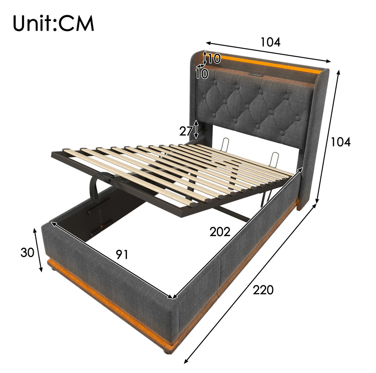 BETT mit LED und Stauraum 90x200 cm Leinen Grau - Grau, Metall (90/200cm) - Meubliv