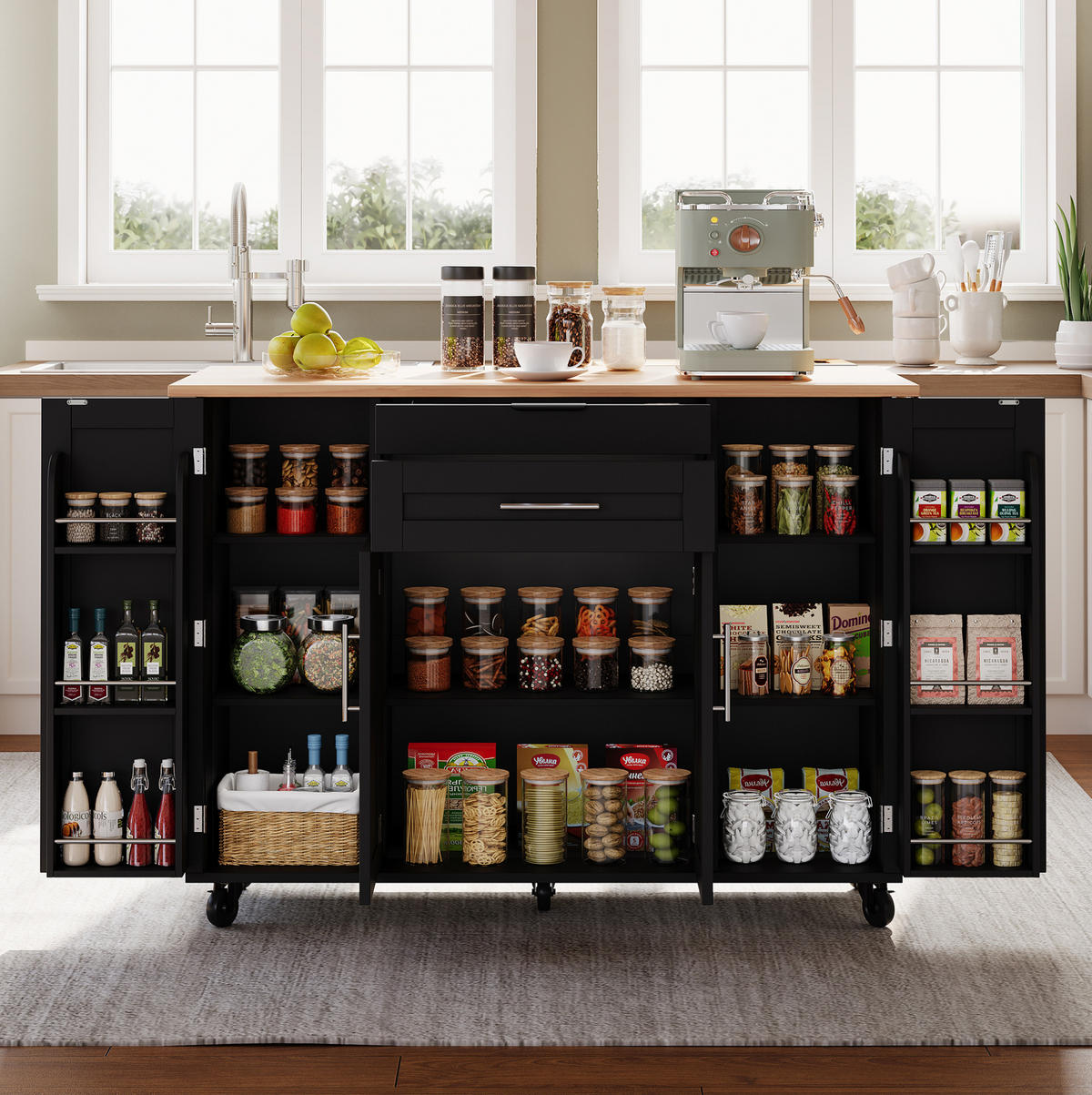 KÜCHENINSEL mobile 136 x 70 x 92 cm Schwarz/Natur MDF - Schwarz, Holz (70/92/136cm) - Beauniv