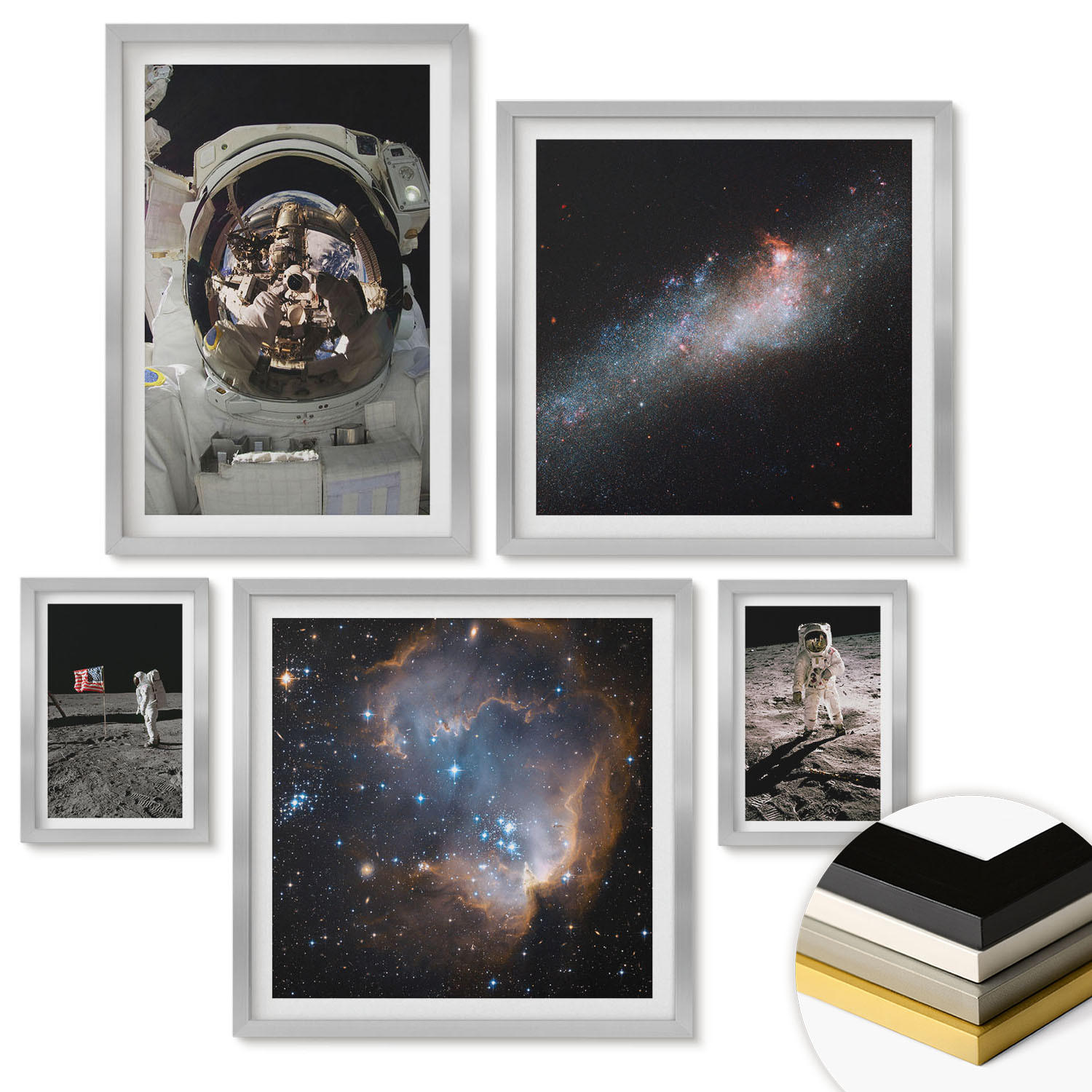 WANDBILDER 5er Set - 50x50 cm & 20x30 cm & 40x60 cm Silberner Rahmen - Astronauten landen auf dem Mond - Silberfarben, Kunststoff (40/60cm) - ArtPrintCave