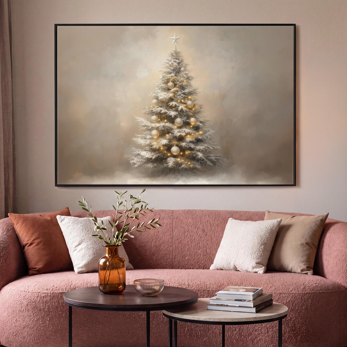 LEINWAND Bilder mit Rahmen - Weihnachten - Weihnachtsbaum - Schnee - Kunst - 140x90 - Champagner, Textil (140/90cm) - MuchoWow