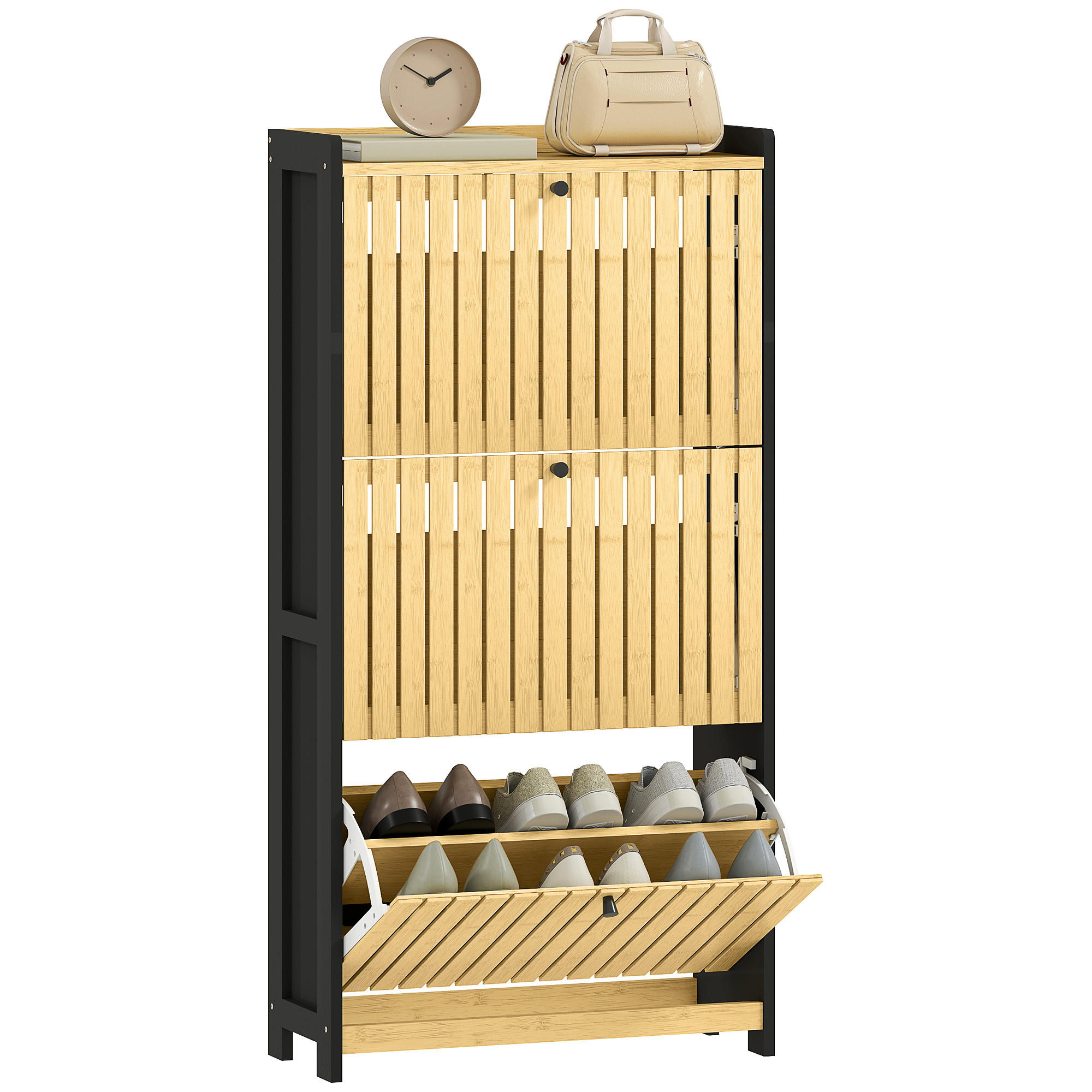 SCHUHSCHRANK Schwarz Natur MDF Bambus mit 3 Klappfächern 1 Stück - Multicolor, Holz (60/118/24cm) - PANGIVO