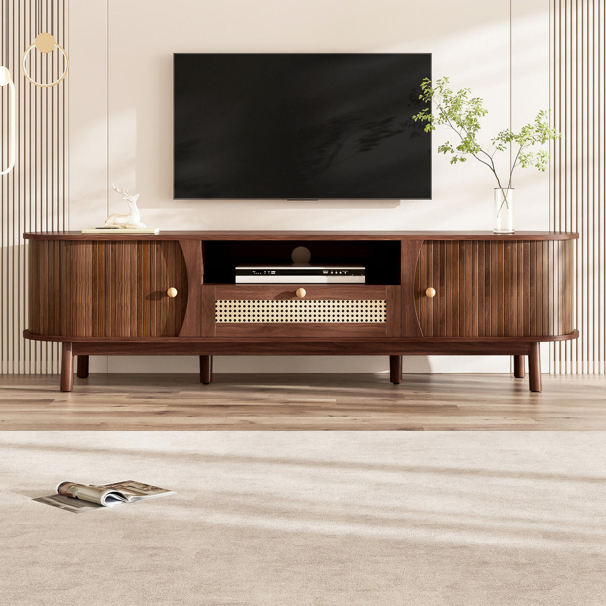 TV-ELEMENT165X37X46CM Rattan-Schiebetüren Nussbaum-Optik Landhausstil - Walnussfarben, Holz (44.5/12.6/178.99cm) - Raelunyi