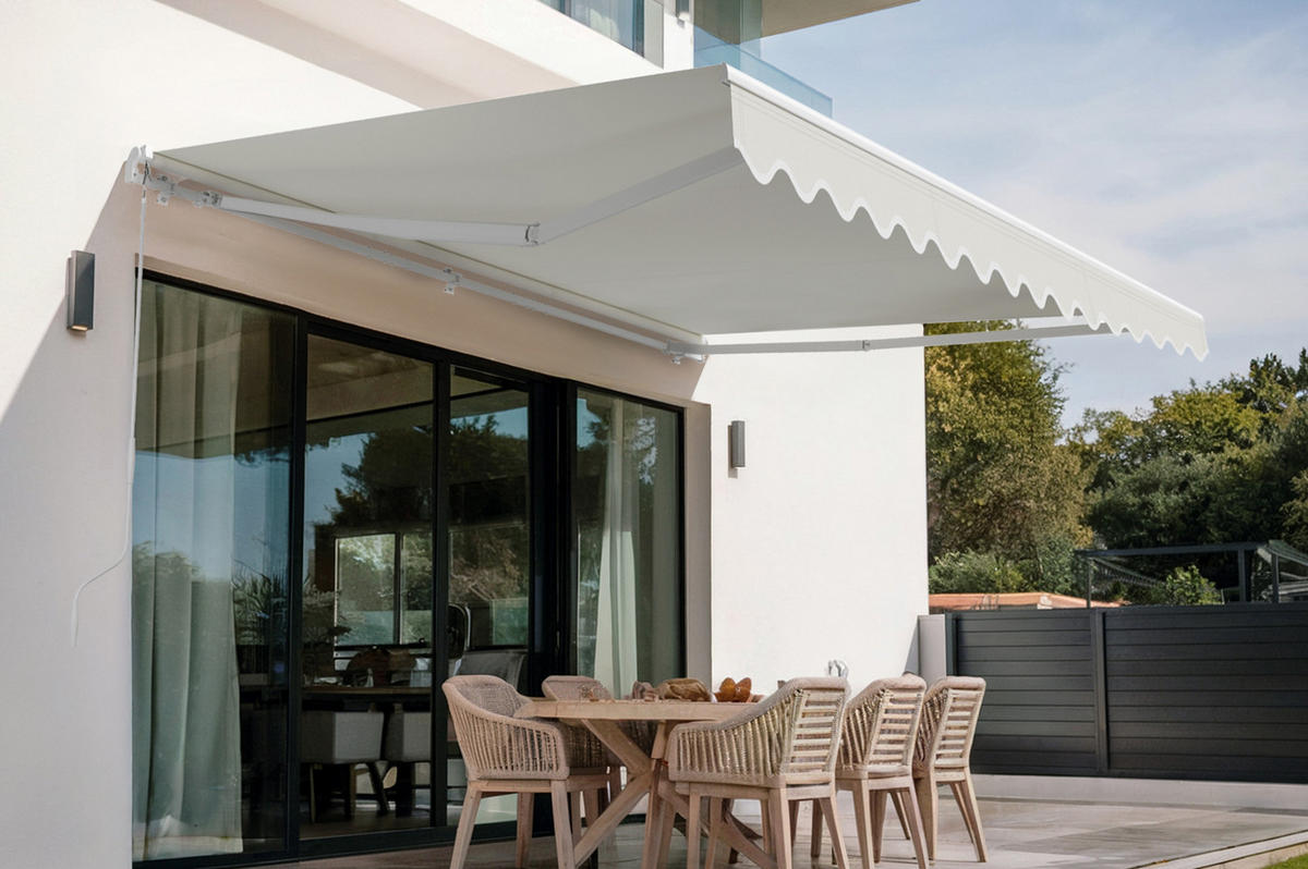 MONOBLOCK-MARKISE VECCHIO Weißes Gestell - leinwand Beige 4x3m - Premium-Leinwand 320g/m² - Beige, Metall (304/218/300cm) - Cazeboo