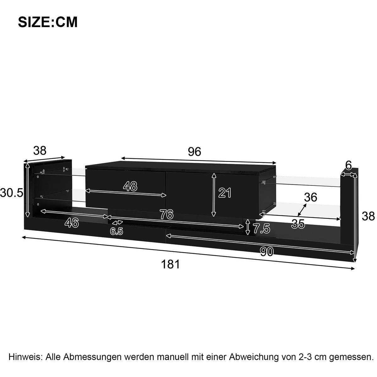 LOWBOARD 181/38/38 cm Schwarz aus Spanplatte mit LED-Beleuchtung - Schwarz, Holzwerkstoff (38/38/181cm) - OKMYHOME